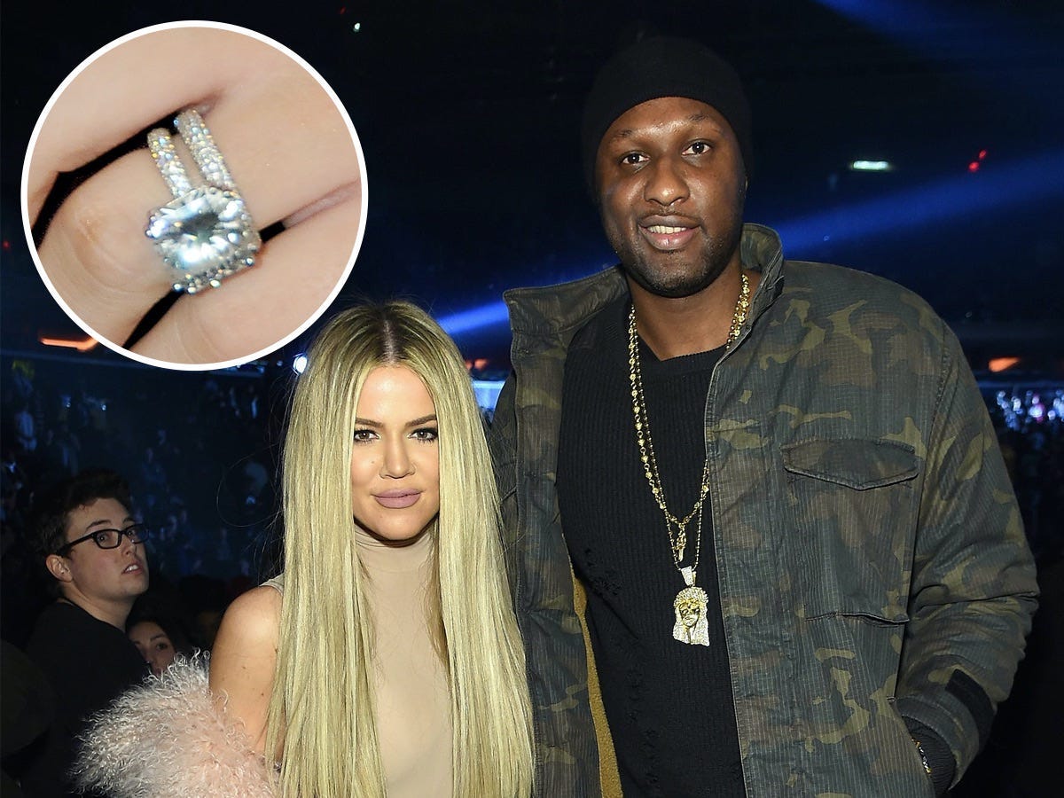 A photo of Khloe Kardashian and Lamar Odom with an inset of her engagement ring.