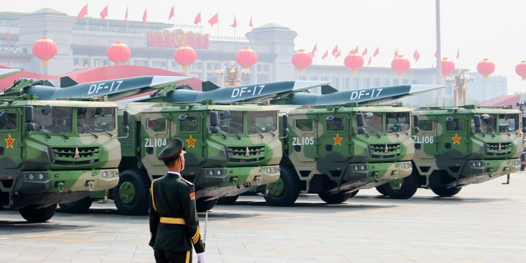 DF-17 Dongfeng medium-range ballistic missiles equipped with a DF-ZF hypersonic glide vehicle, involved in a military parade to mark the 70th anniversary of the Chinese People's Republic