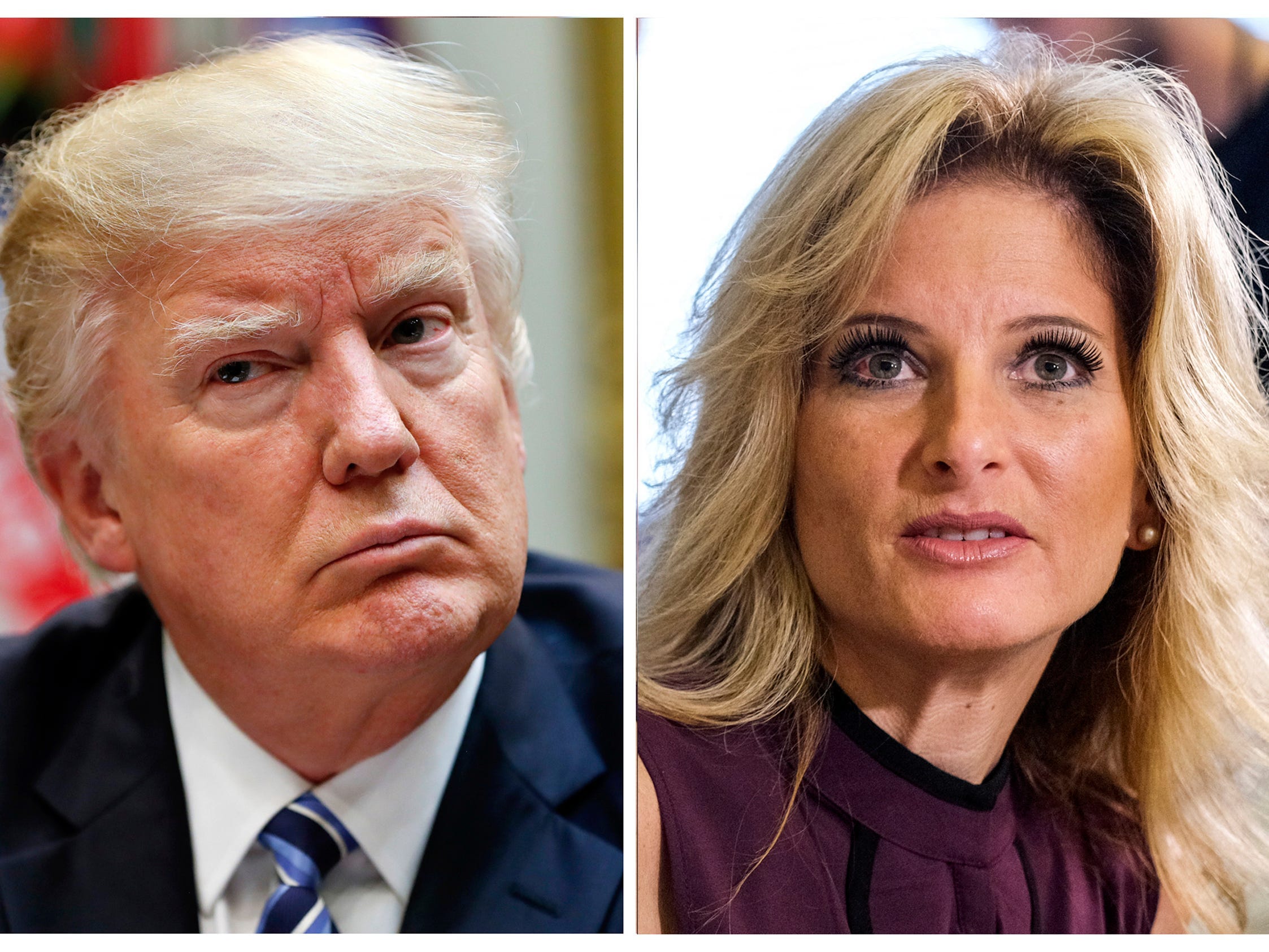 In this combination photo, President Donald Trump, left, listens during a meeting at the White House, on March 13, 2017 in Washington and Summer Zervos, a former contestant on "The Apprentice" appears at a news conference in Los Angeles on Oct. 14, 2016.