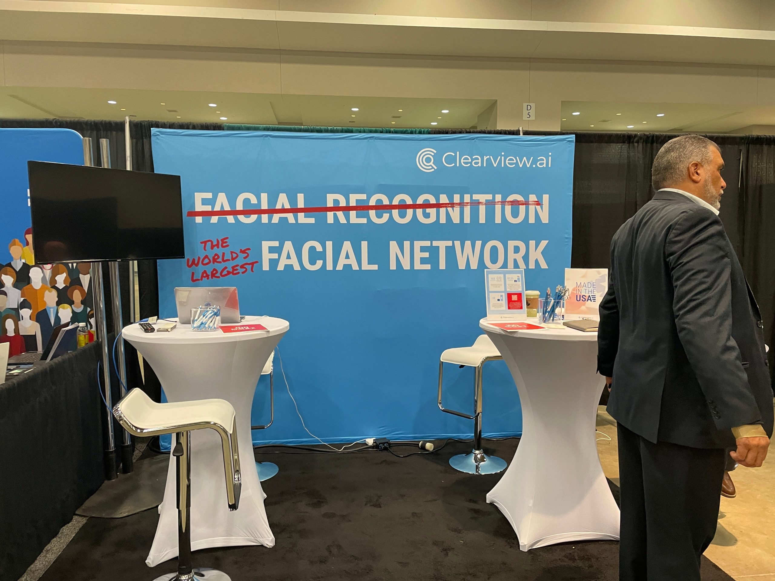 A Clearview AI booth is shown at the Connect:ID surveillance technology conference in Washington DC in October 2021.