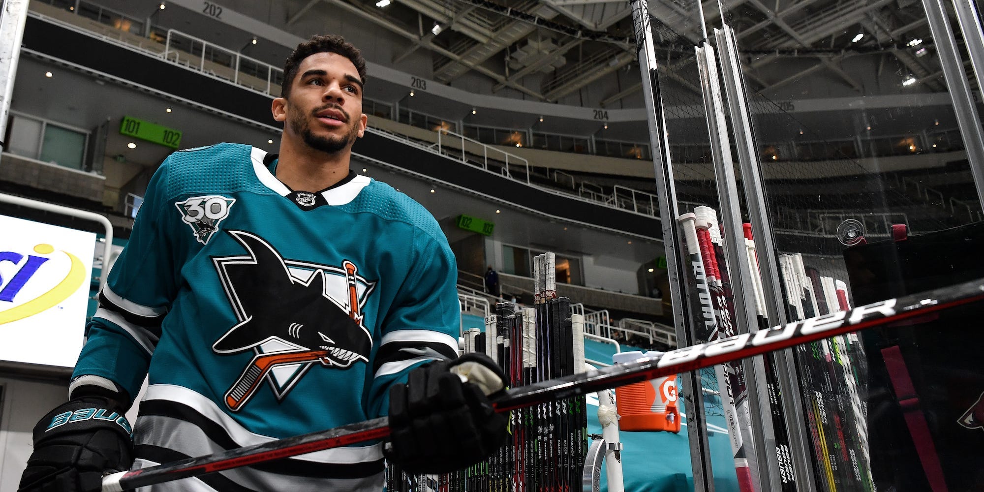 Evander Kane #9 of the San Jose Sharks takes the ice for warmups against the Arizona Coyotes at SAP Center on May 8, 2021 in San Jose, California.