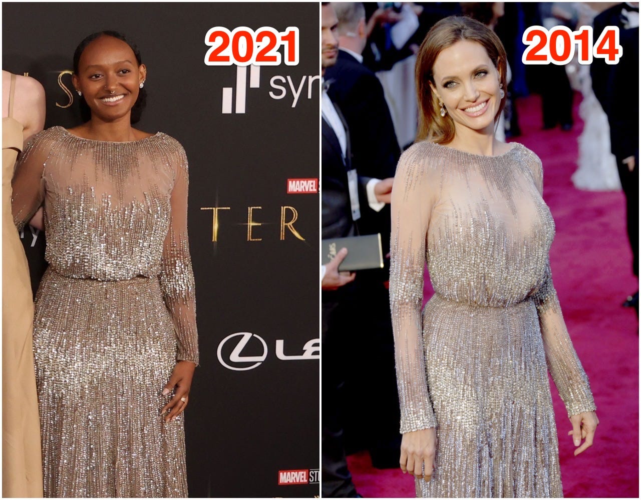 Zahara Jolie-Pitt wearing the same Elie Saab gown in 2021 (left) that her mother Angelina Jolie wore to the Oscars in 2014 (right).