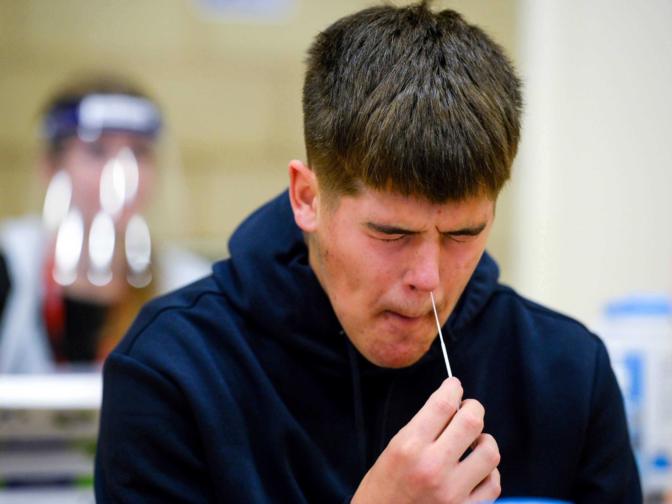 Year 11 pupils get tested prior to returning to school next week at The Wey Valley Academy on September 03, 2021 in Weymouth, England.