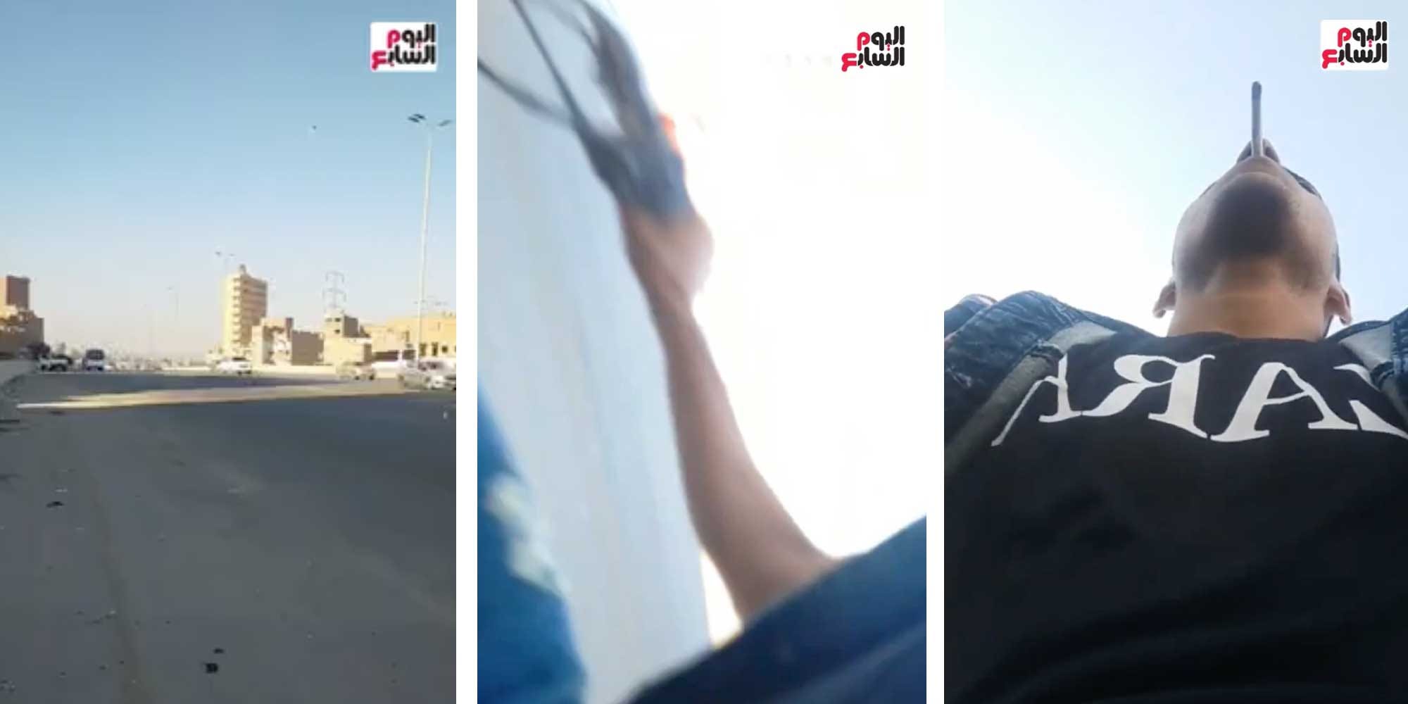 A composite image of screenshots from the livesteam, which show the journalist's report, the moment the phone is stolen, and the video pointed at the thief's face as he drives away.