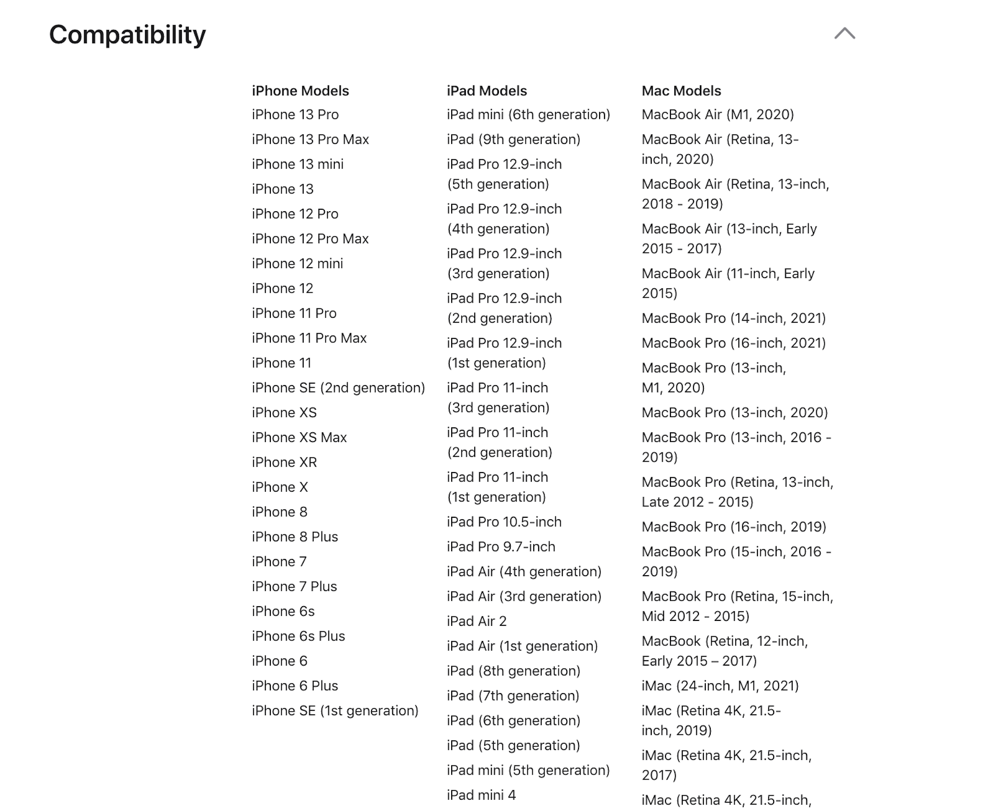 A long list from Apple's website showing the Apple products the cloth works with.