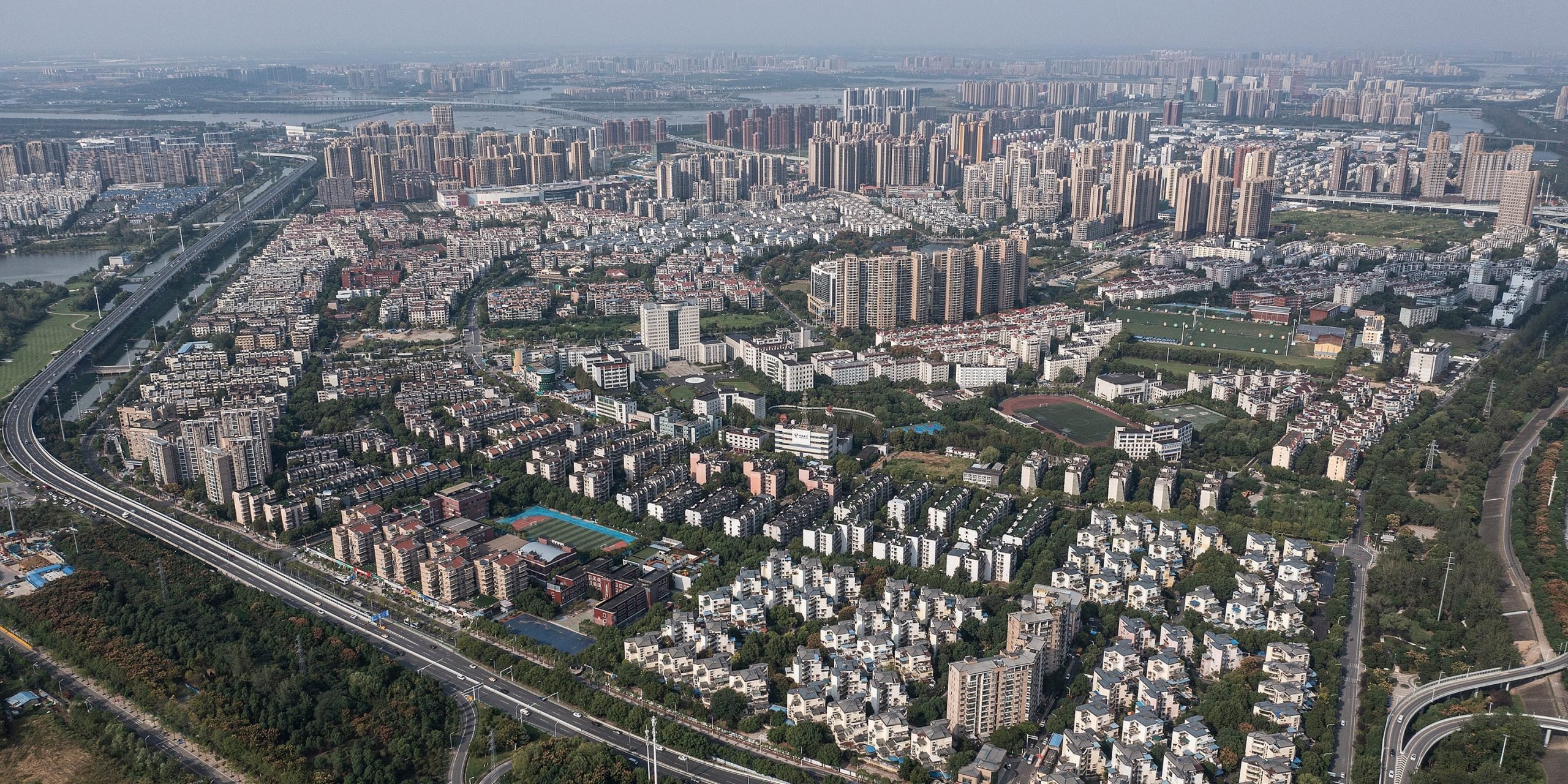 An aerial view of the Evergrande changqing community on September 23, 2021 in Wuhan, Hubei Province, China.