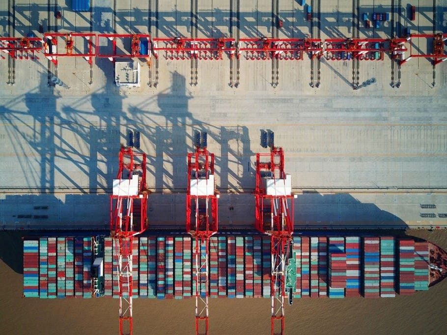 A loaded cargo ship at the Yangshan Deep-Water Port, an automated cargo wharf, in Shanghai. Chinese