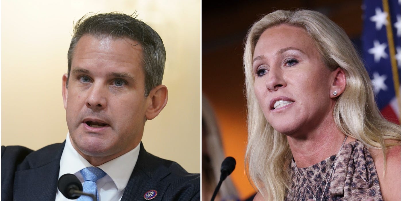 Republican Reps. Adam Kinzinger of Illinois (right) and Marjorie Taylor Greene of Georgia (left).