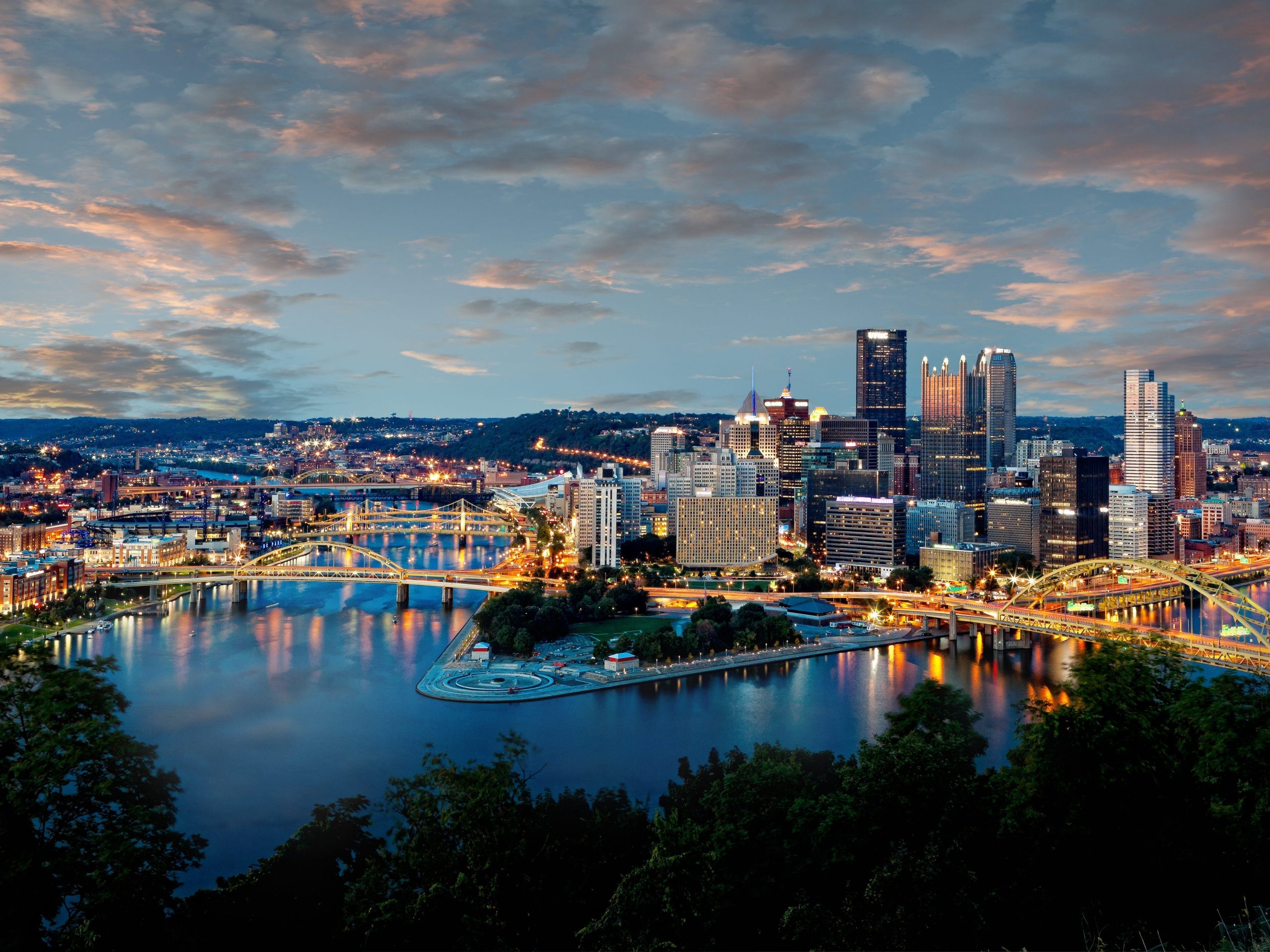 The Pittsburgh skyline at dusk.