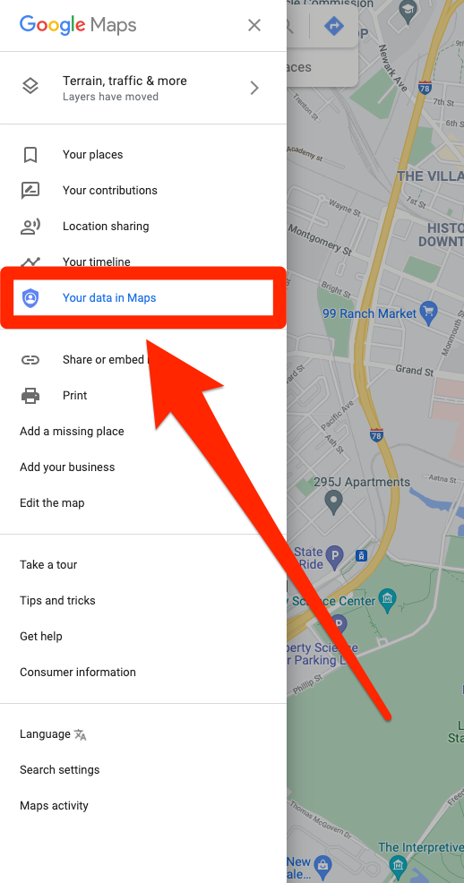 A Google Maps menu, with the "Your data in Maps" option highlighted.