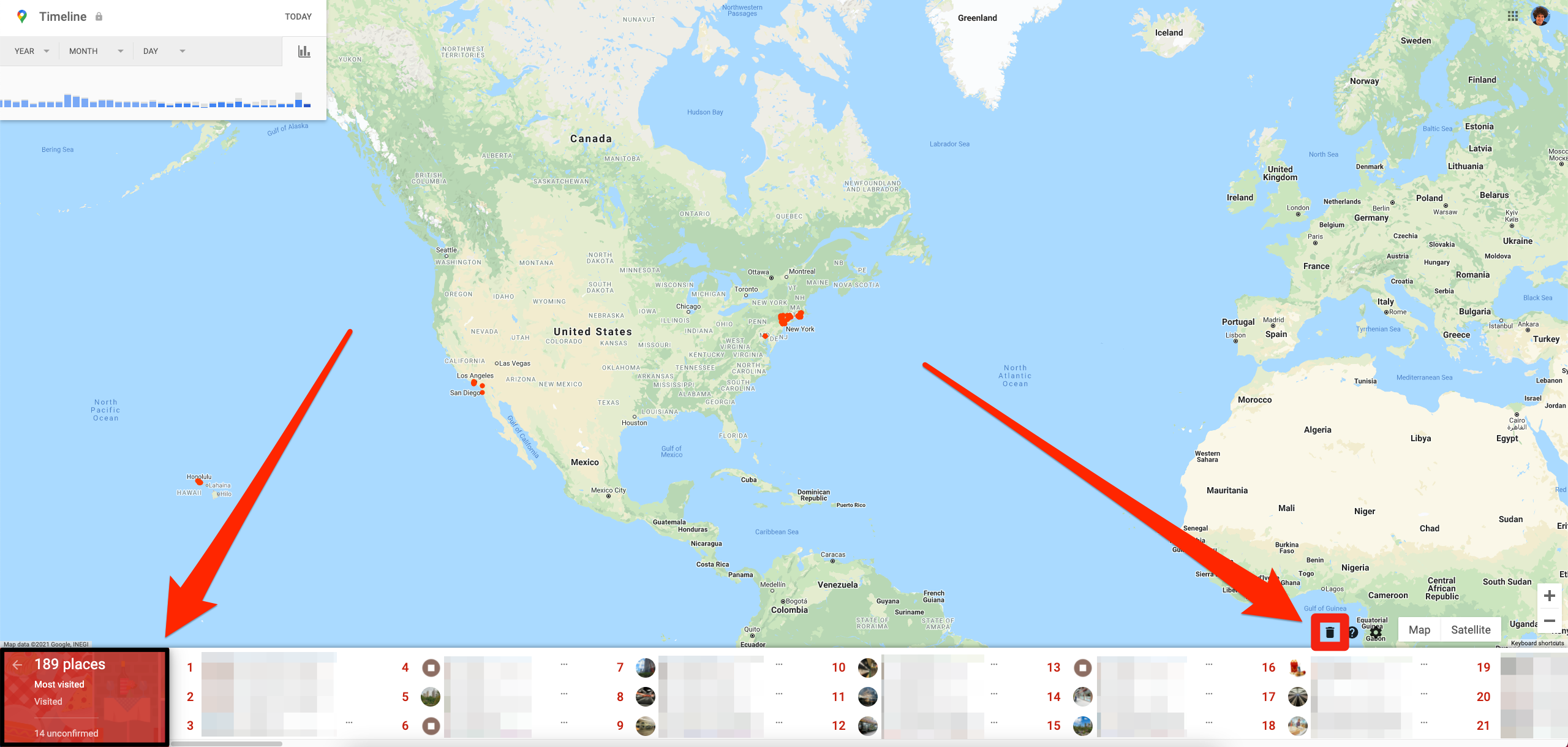 A Google Maps page where you can see all the places you've visited.