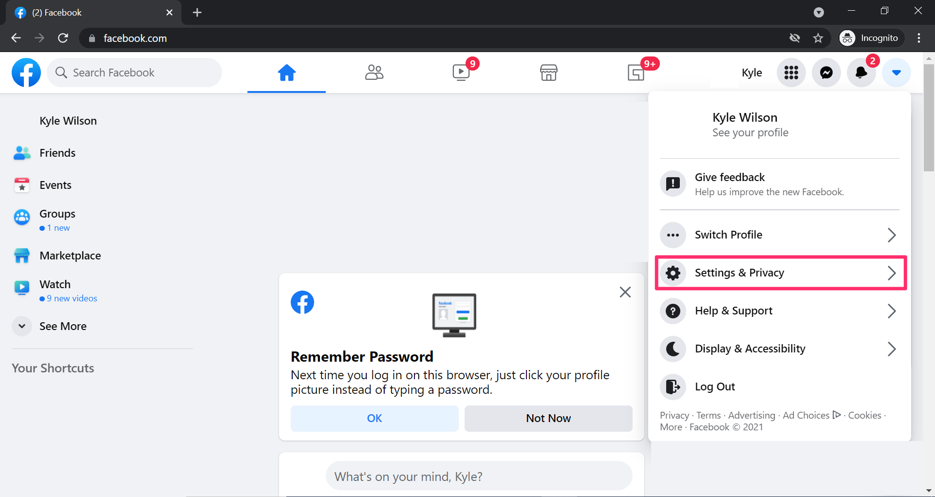 settings & privacy menu on facebook desktop