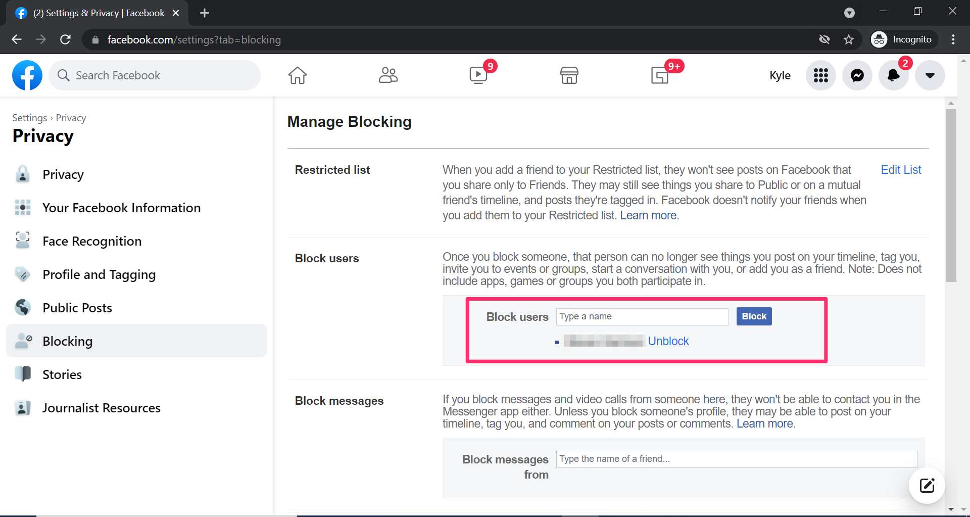 block users section highlighted in Facebook privacy menu