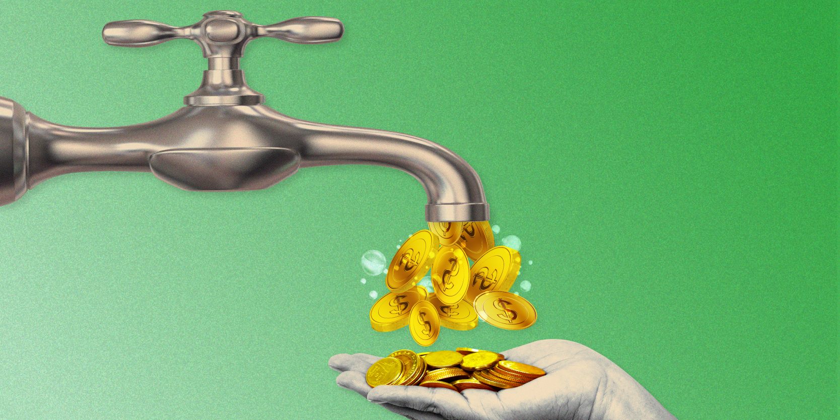 Water faucet with coins coming out, above a hand holding coins 2x1