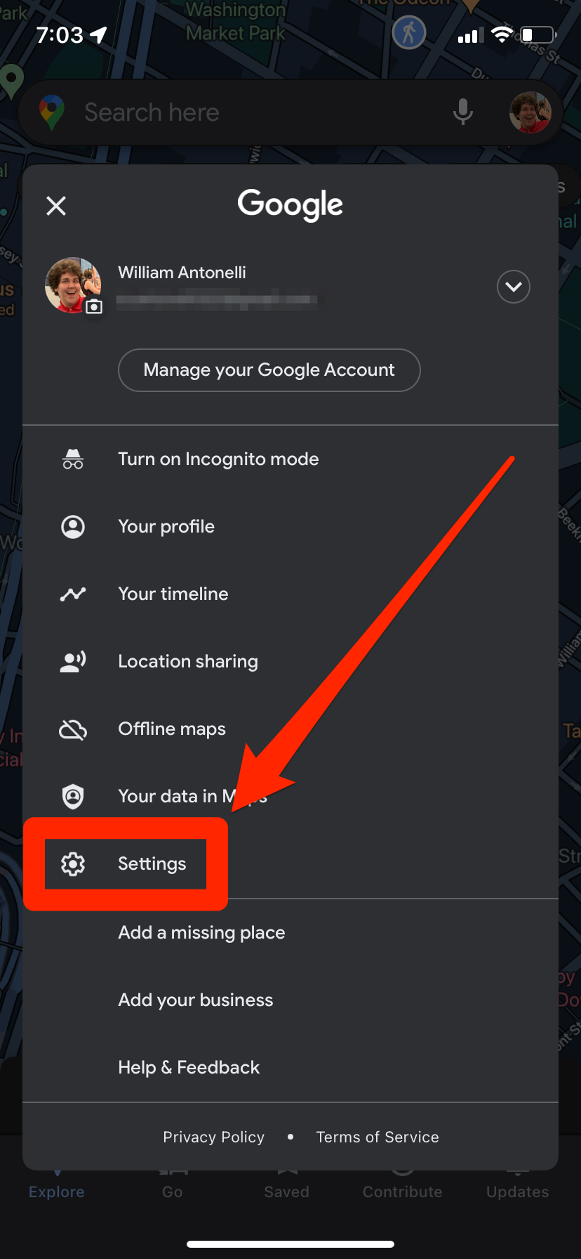 The menu in the Google Maps app that lets you find your Settings.