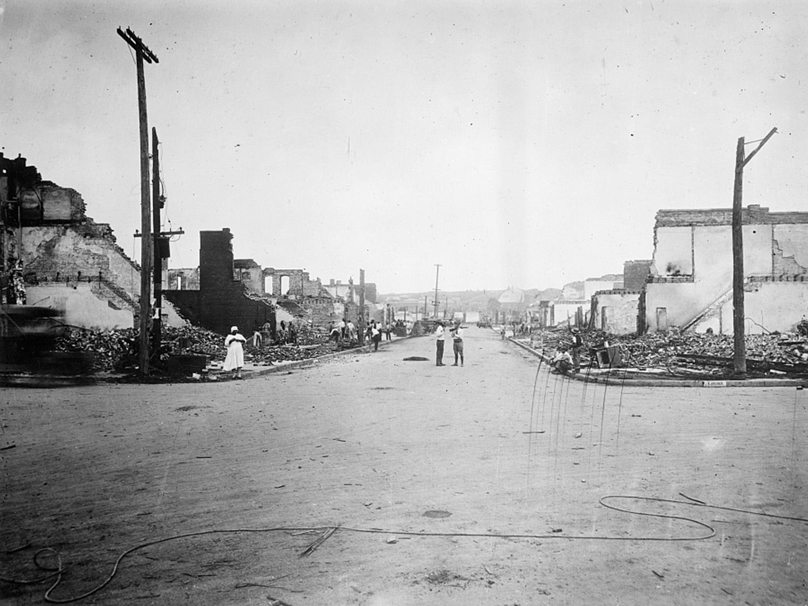 Greenwood neighborhood after a mob passed during the race massacre in Tulsa, Oklahoma