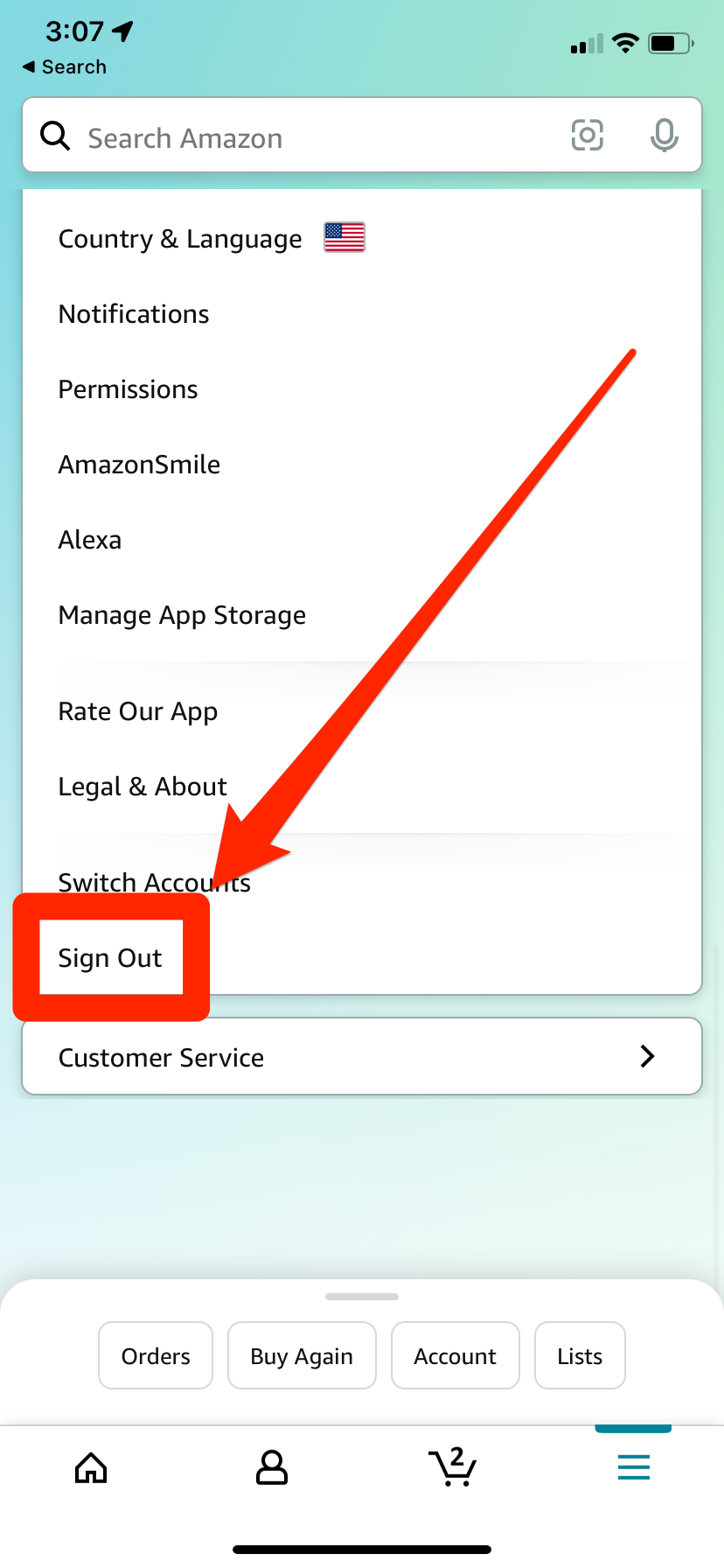 The "Sign Out" option in the Amazon mobile app.