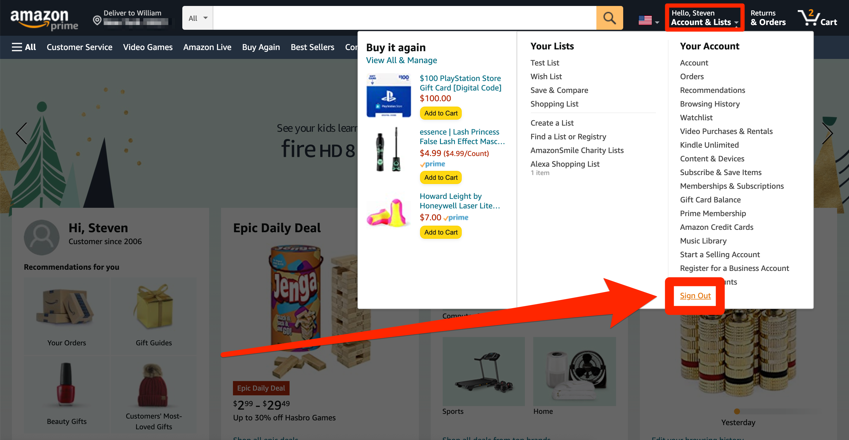 The "Sign Out" option on the Amazon website.