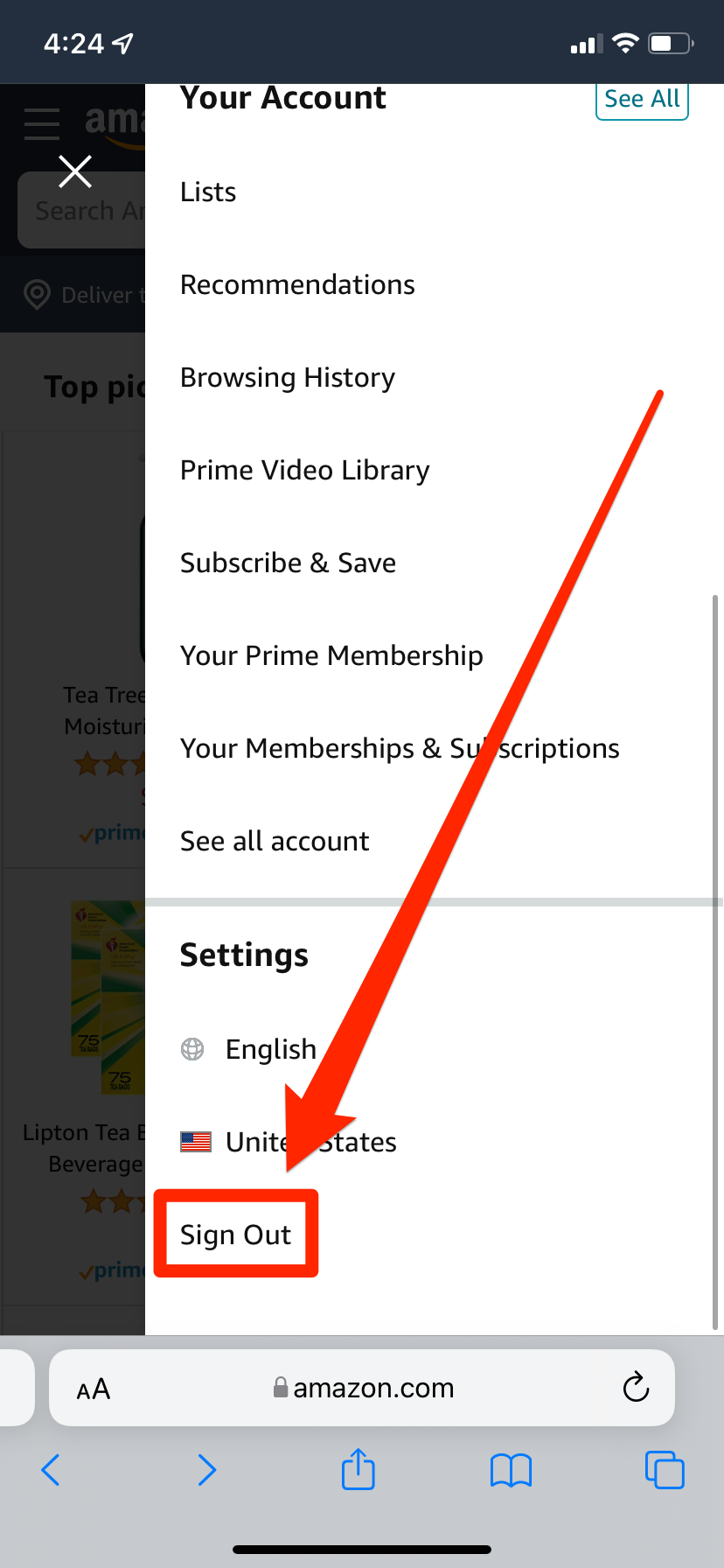 The "Sign Out" option on the Amazon website