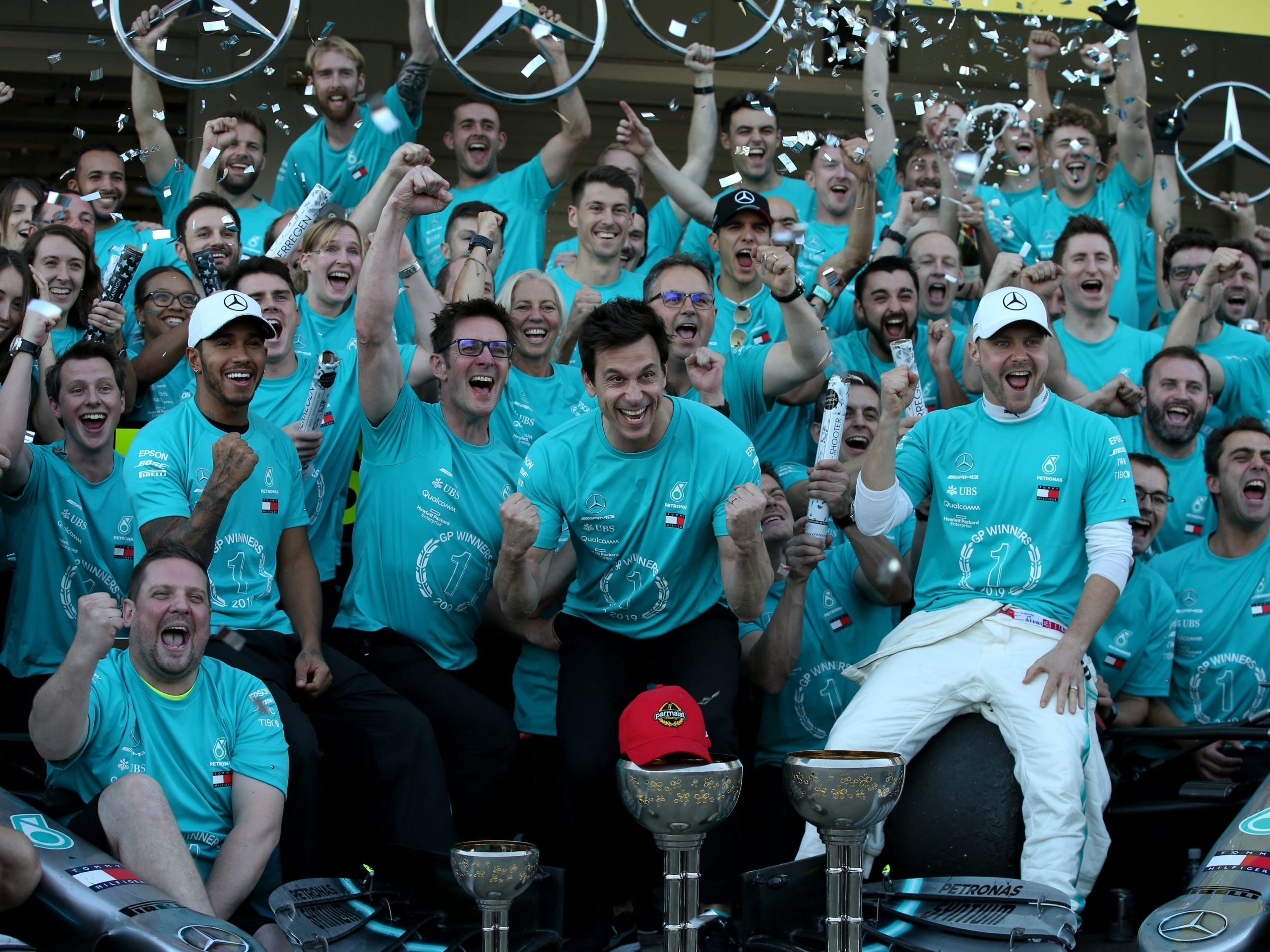 The Mercedes team celebrates winning the 2019 constructors championship