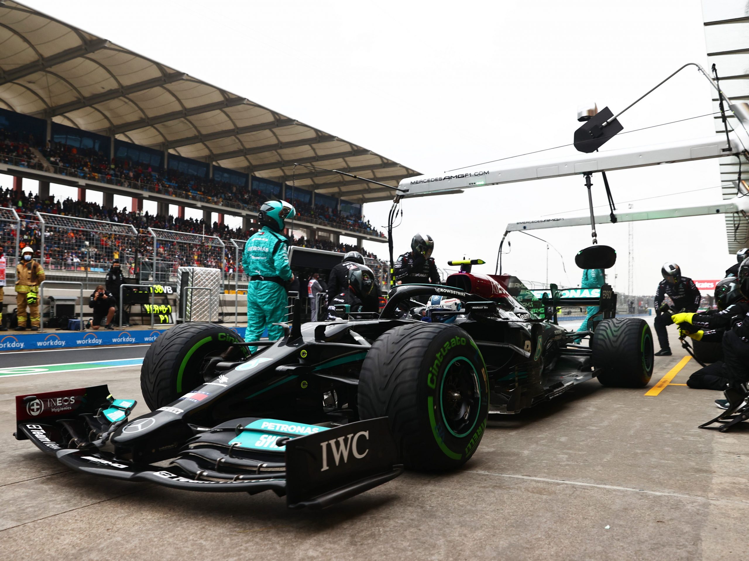 Valtteri Bottas of Finland driving the (77) Mercedes AMG Petronas F1 Team Mercedes W12 makes a pitstop during the F1 Grand Prix of Turkey