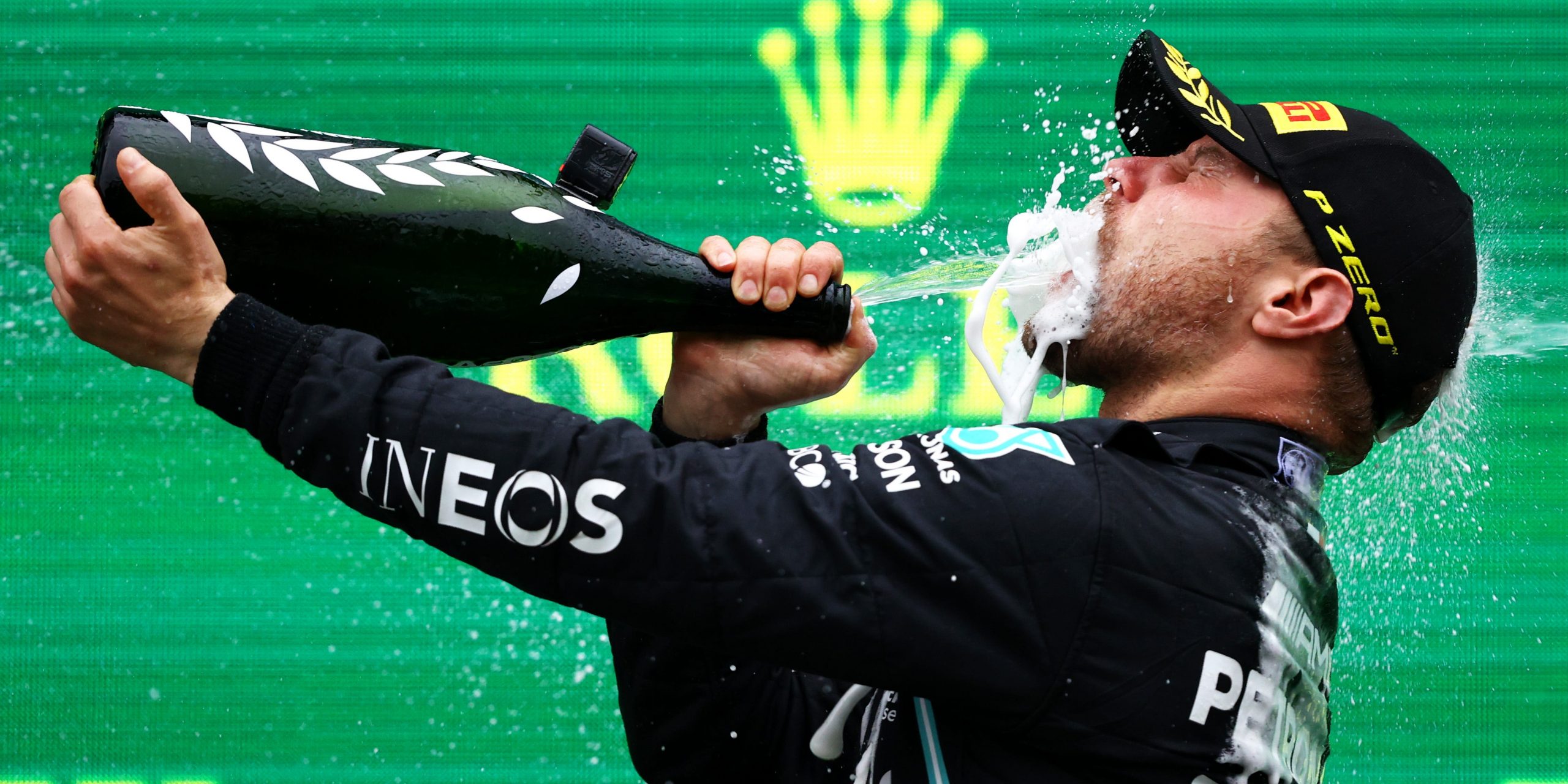 Race winner Valtteri Bottas of Finland and Mercedes GP celebrates on the podium during the F1 Grand Prix of Turkey