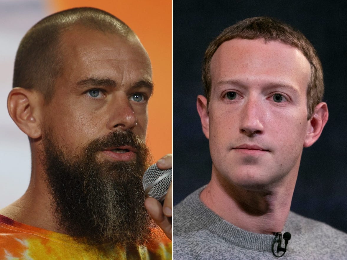 Twitter CEO Jack Dorsey and Facebook CEO Mark Zuckerberg.