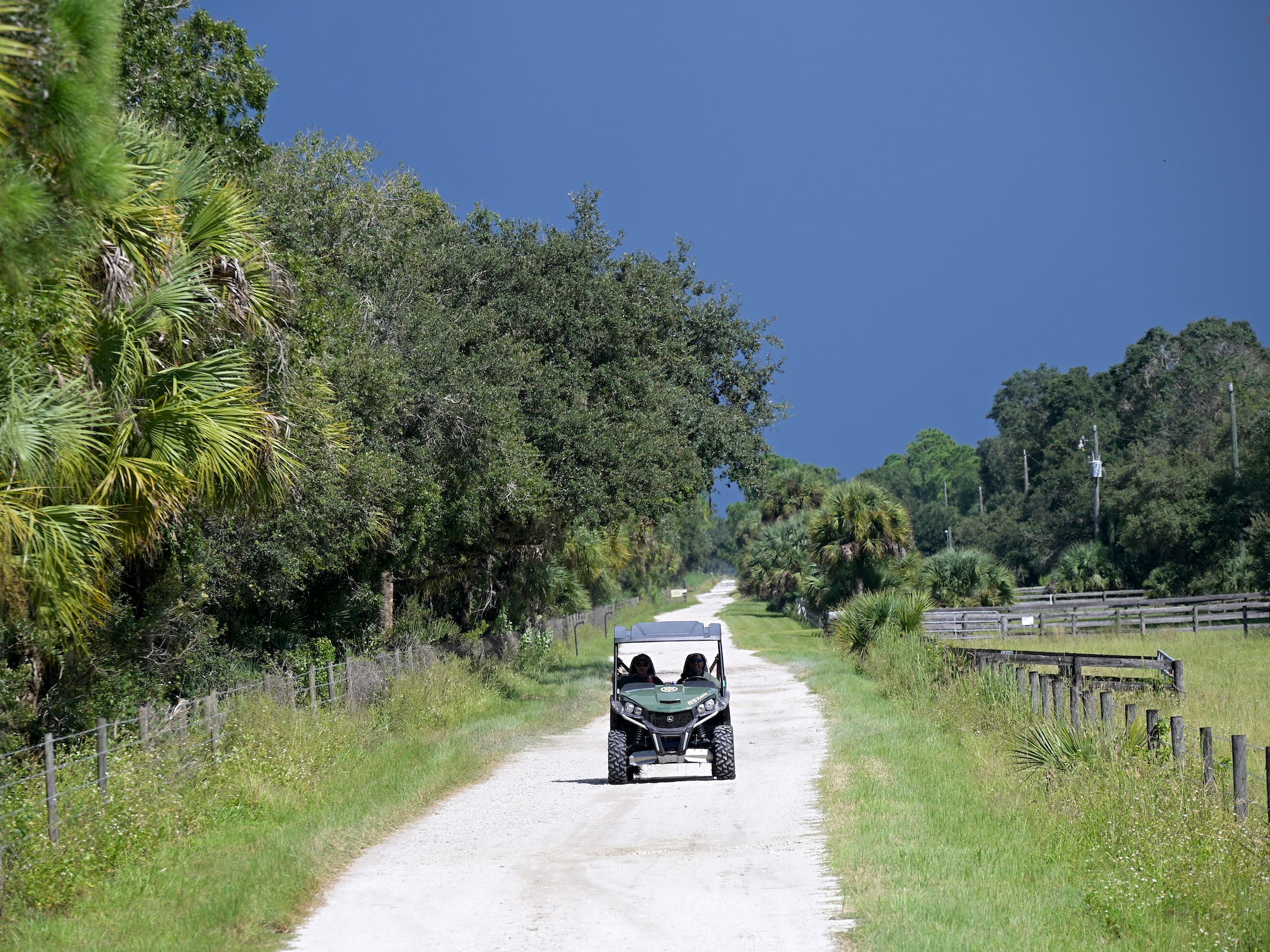 in the Carlton Reserve, a side-by-side vehicle drives along a path with trees alongside it and a stormy sky