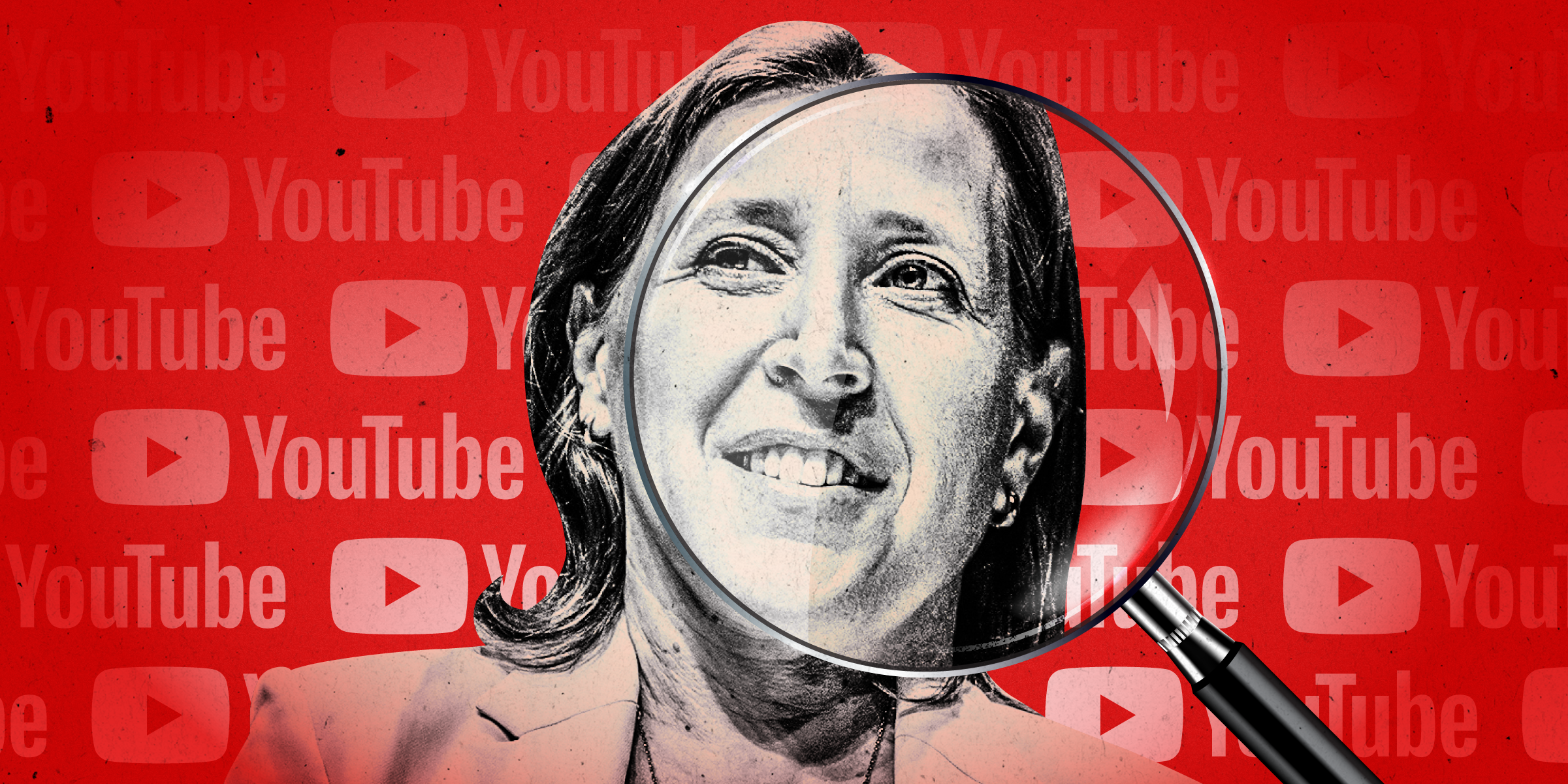 Susan Wojcicki with a magnifying glass over her face. The YouTube logo is patterned out behind her on a red background.