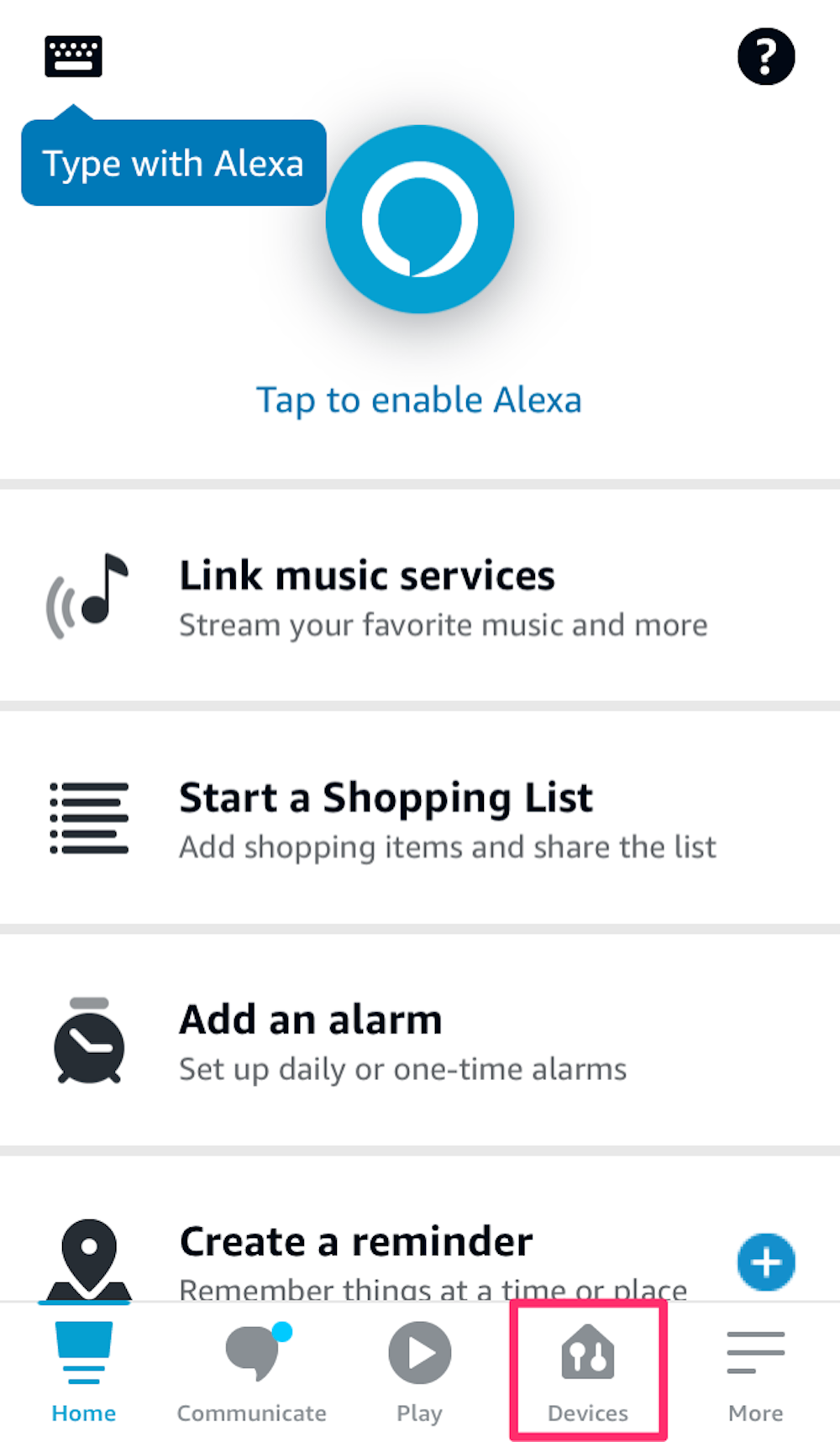 Screenshot of the main page on the Alexa app