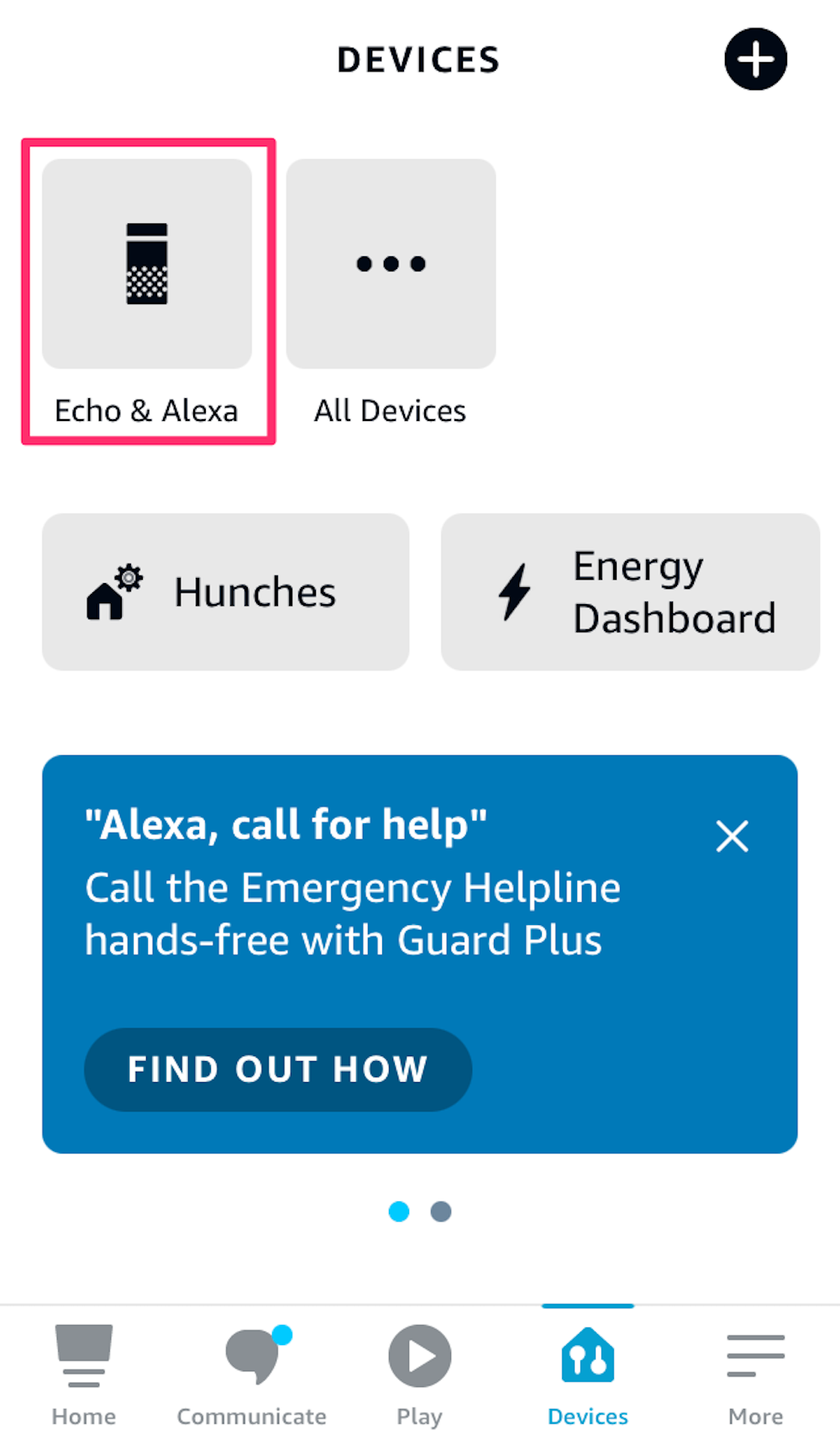 Screenshot of the Devices tab in the Alexa app