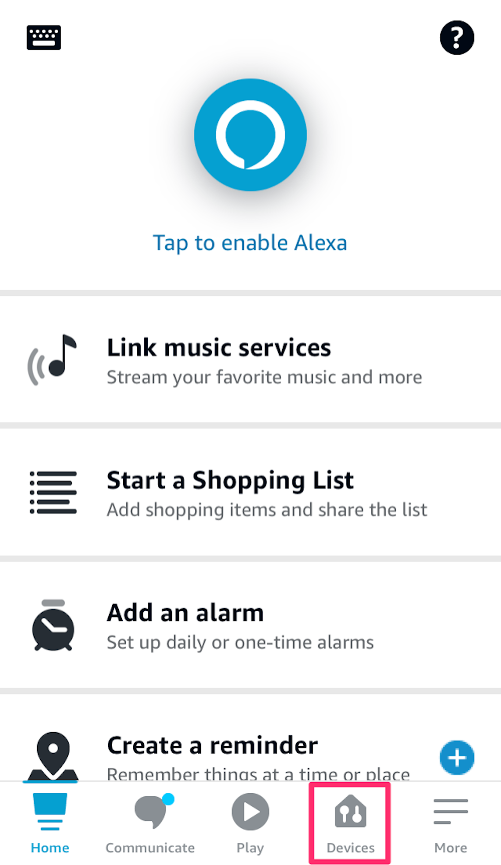 Screenshot of the Alexa app homepage