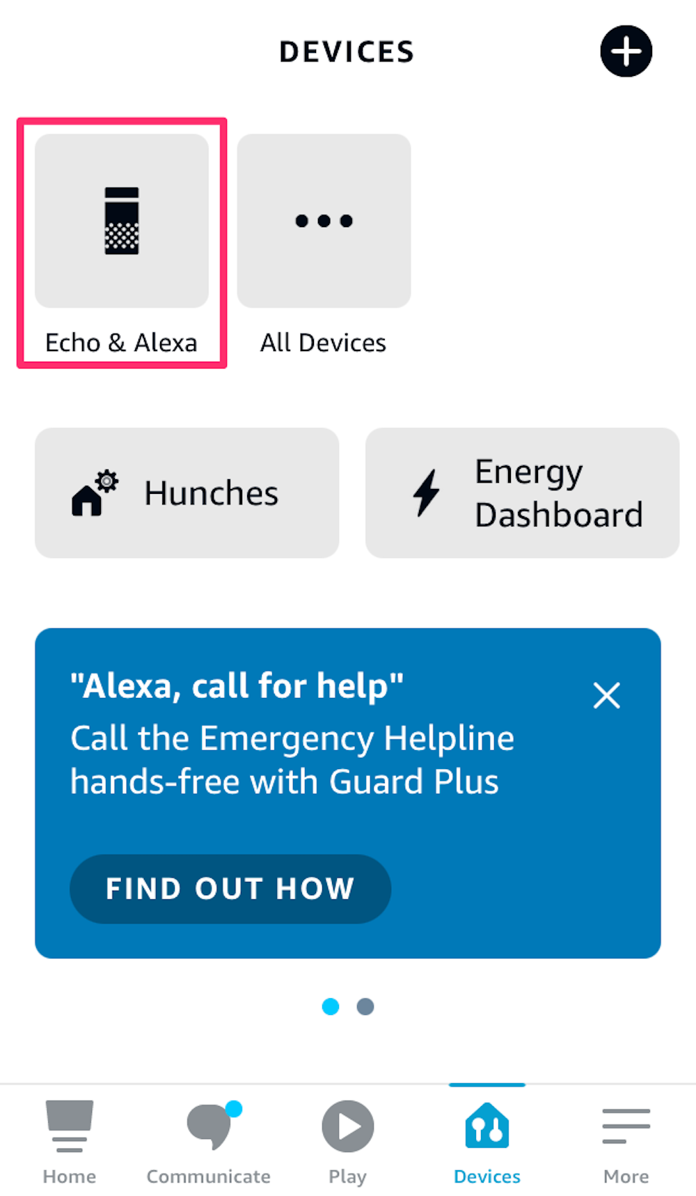 Screenshot showing the Devices section of the Alexa app