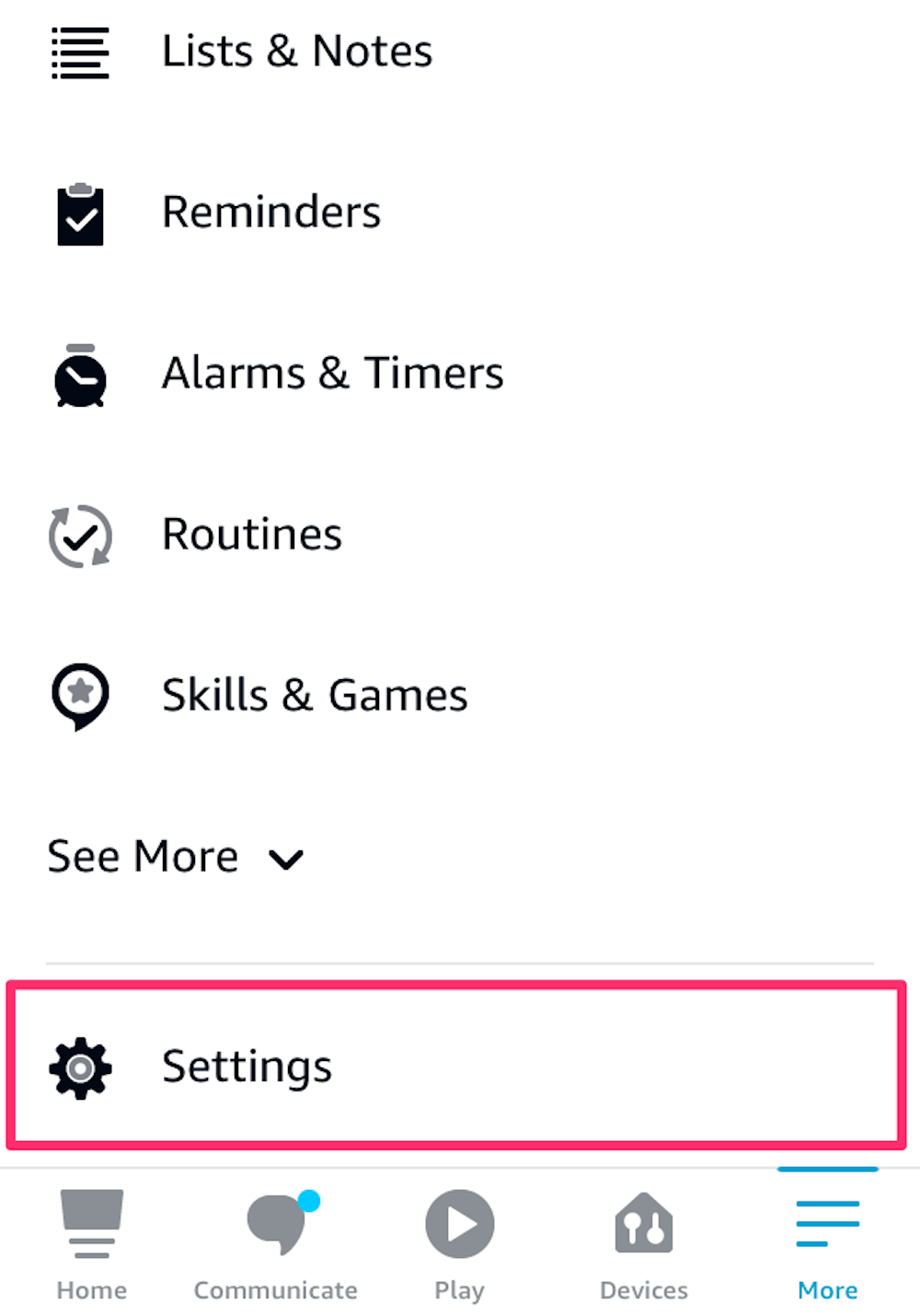 Screenshot of the More section of the Alexa app