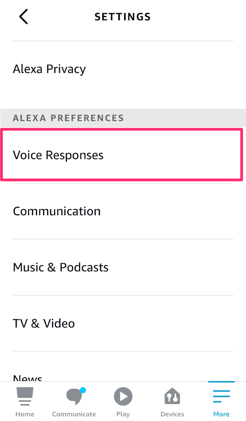 Screenshot of the Settings section of the Alexa app