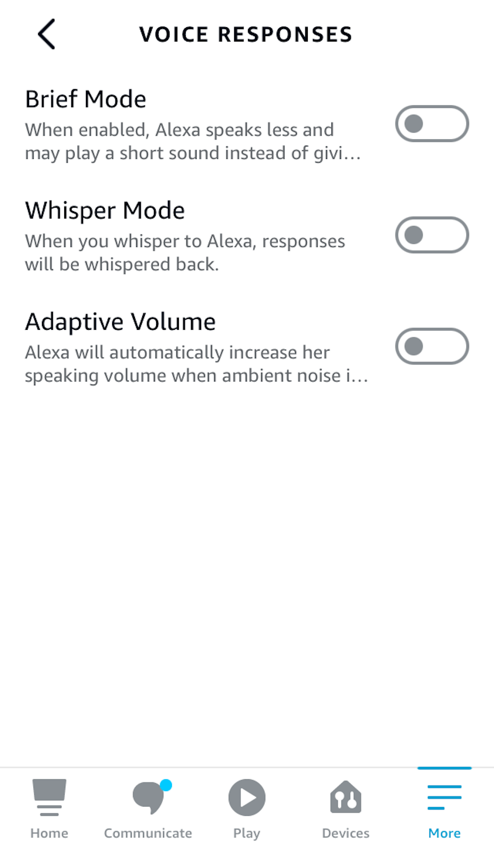 Screenshot of the Voice Responses section of the Alexa app