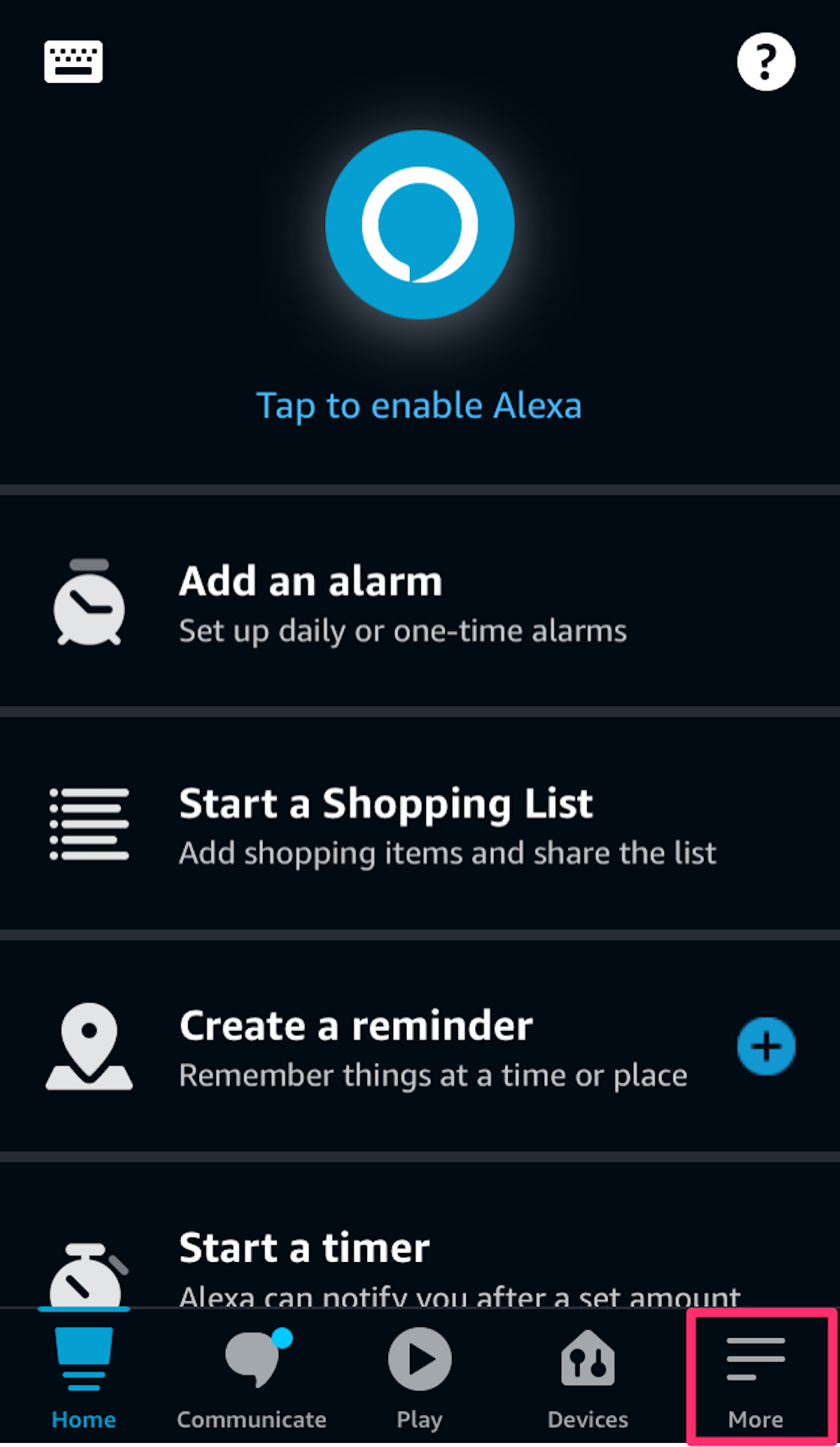 Screenshot of the home screen on the Alexa app