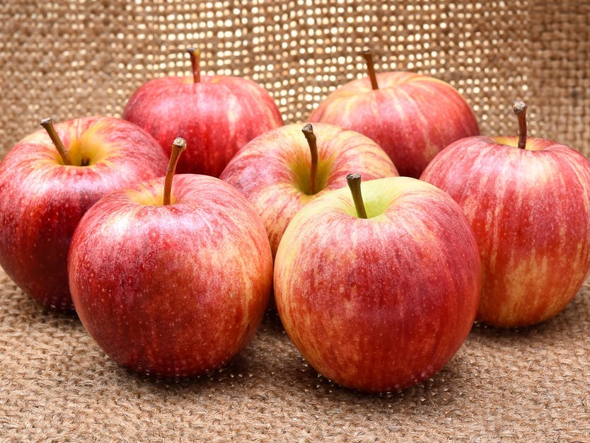 Seven Gala apples in front brown fabric.