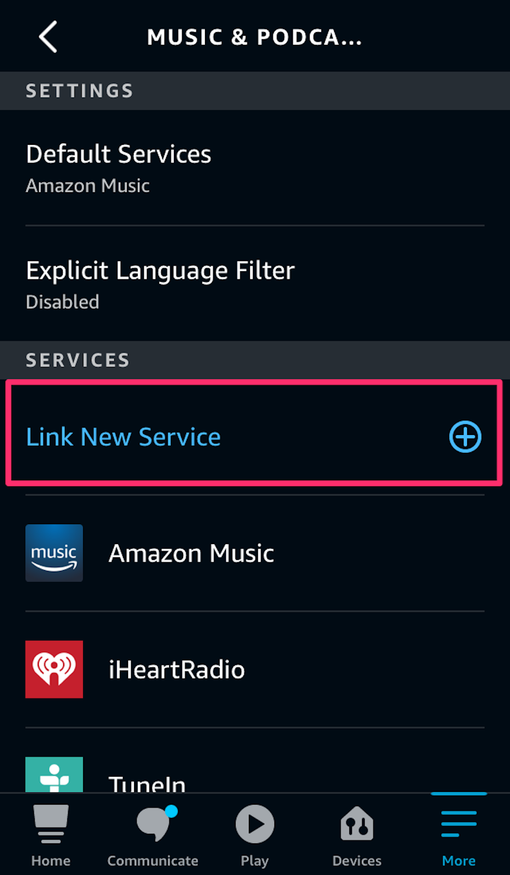 Screenshot of the Music & Podcasts section of Alexa's app settings