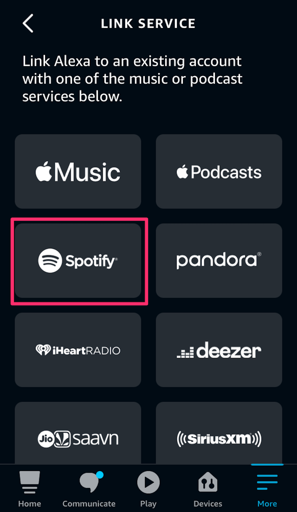 Screenshot showing the final step to link up Spotify to the Alexa app