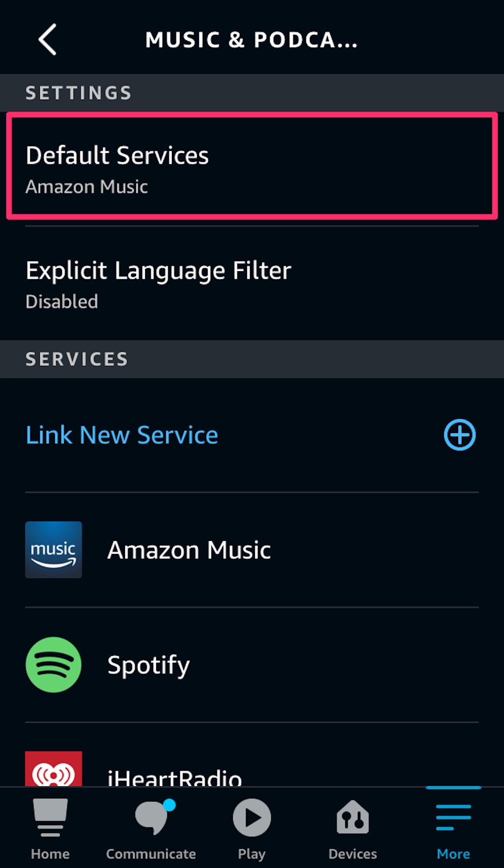 Screenshot of the Music & Podcasts area on the Alexa app