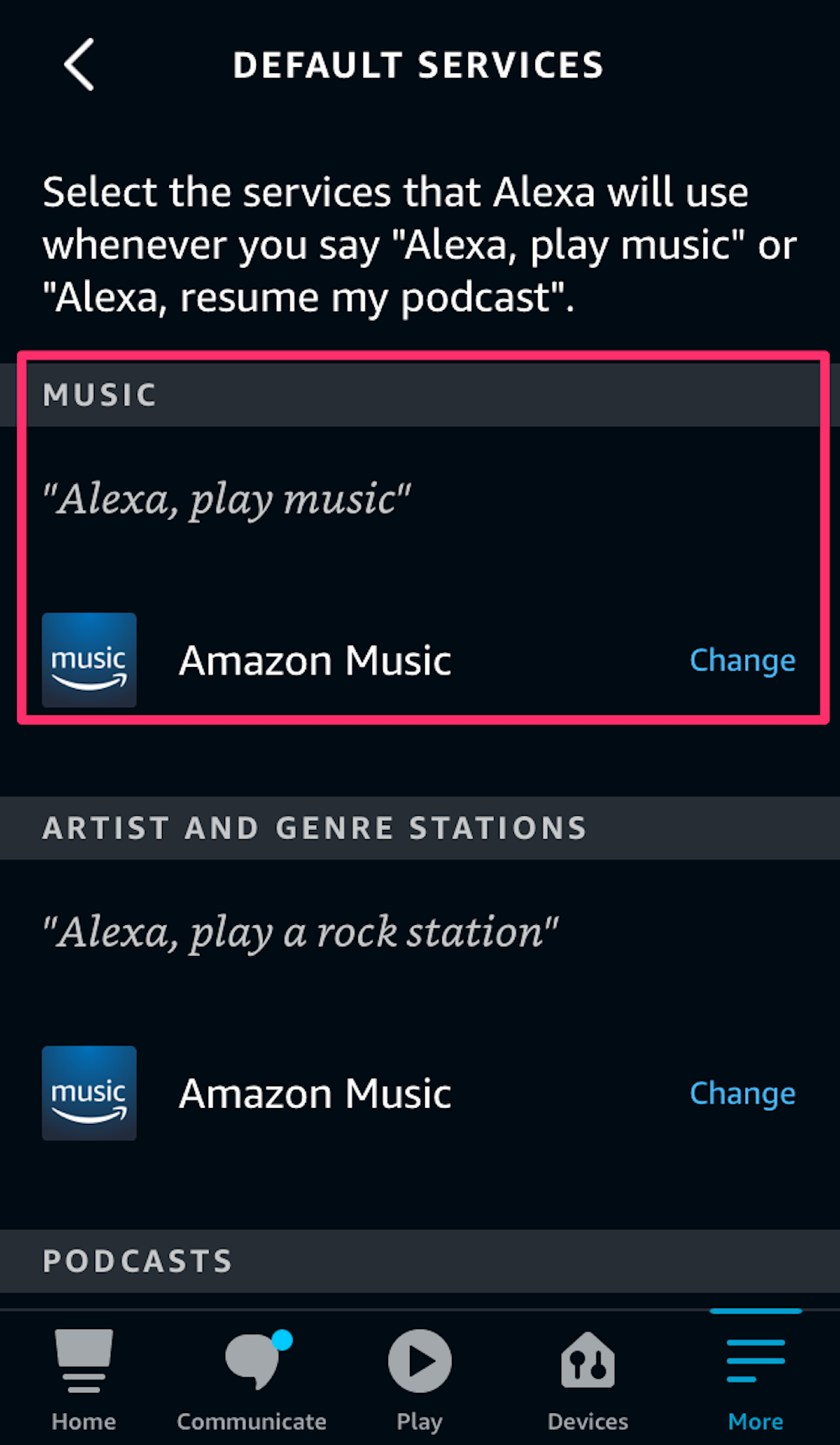 Screenshot showing how to change the default music player in the Alexa app