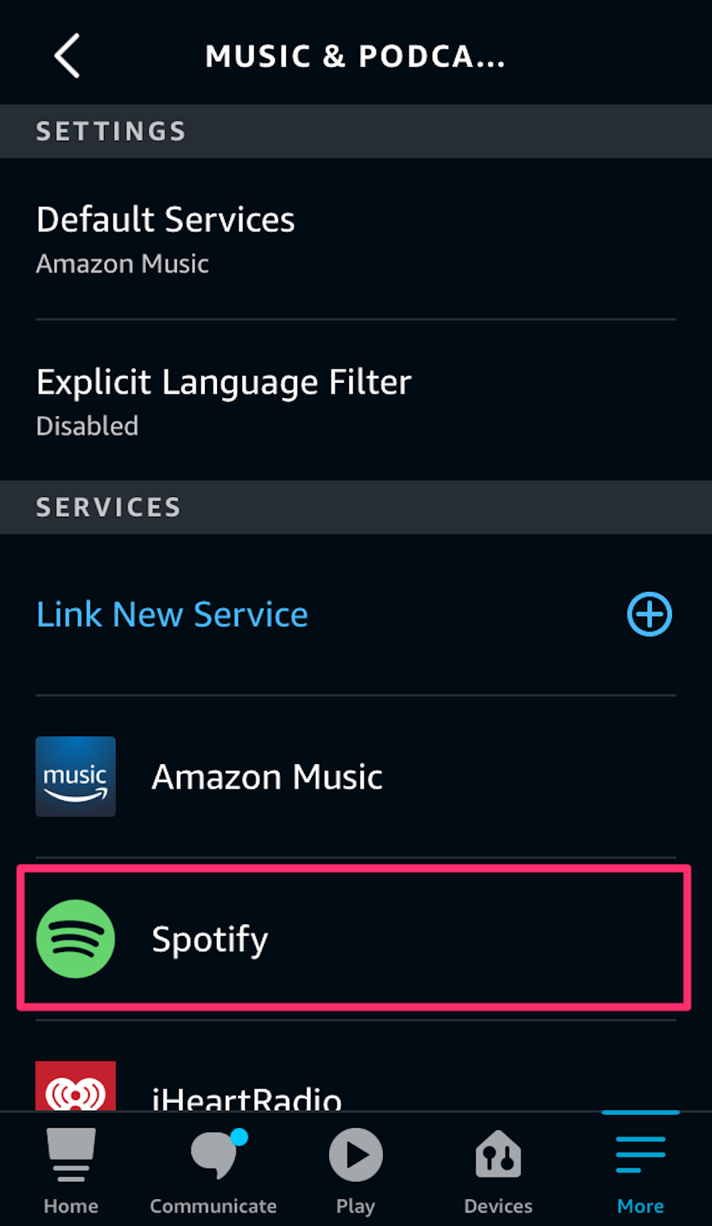 Screenshot of the Music & Podcasts section of settings in the Alexa app
