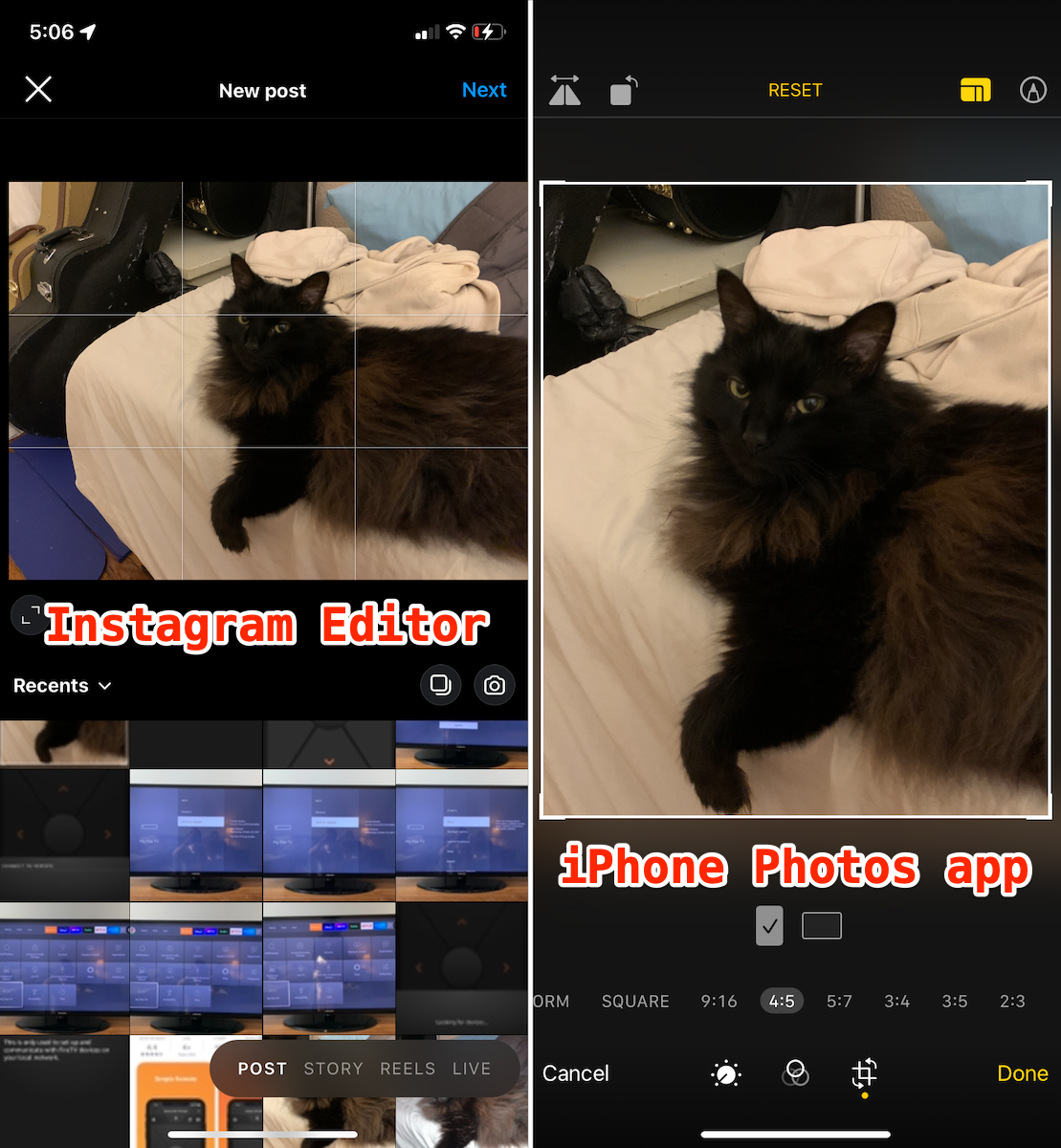 Showing how to edit a photo in both Instagram and the iPhone's Photos app.