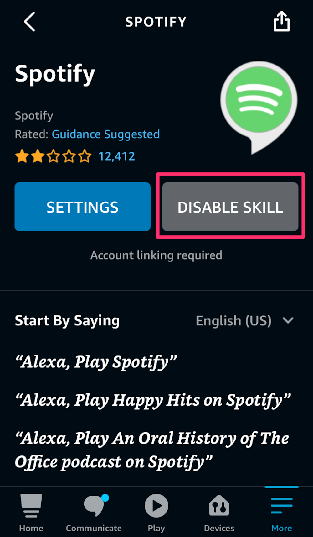 Screenshot showing the option to disable Spotify in the Alexa app