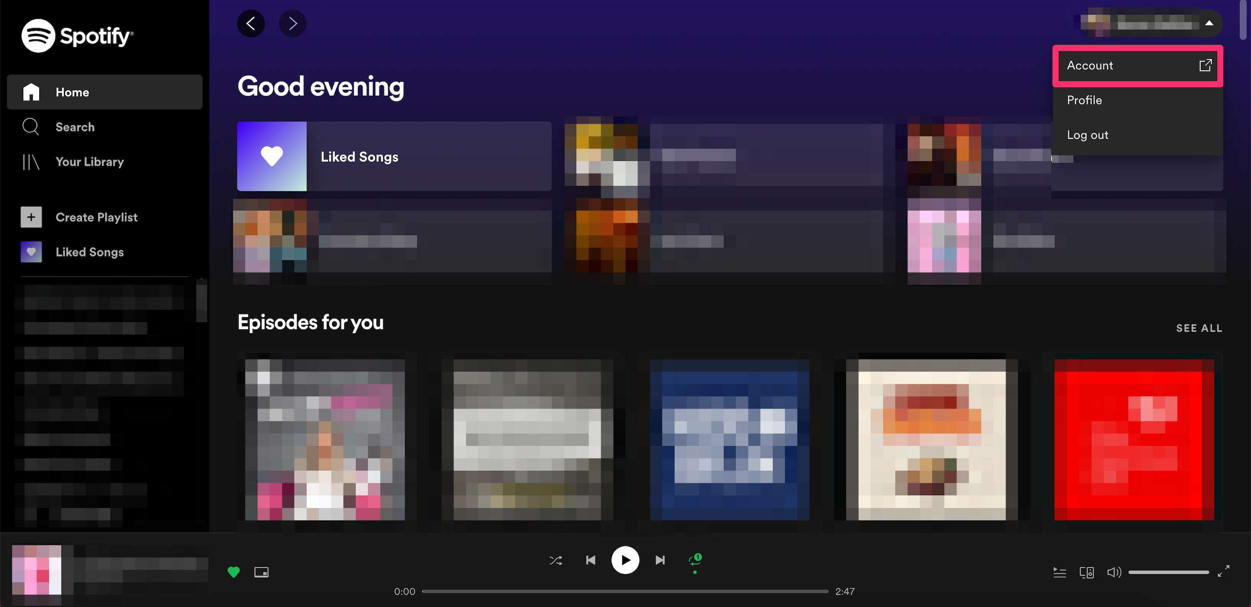 Screenshot showing the expanded Profile menu in the Spotify website