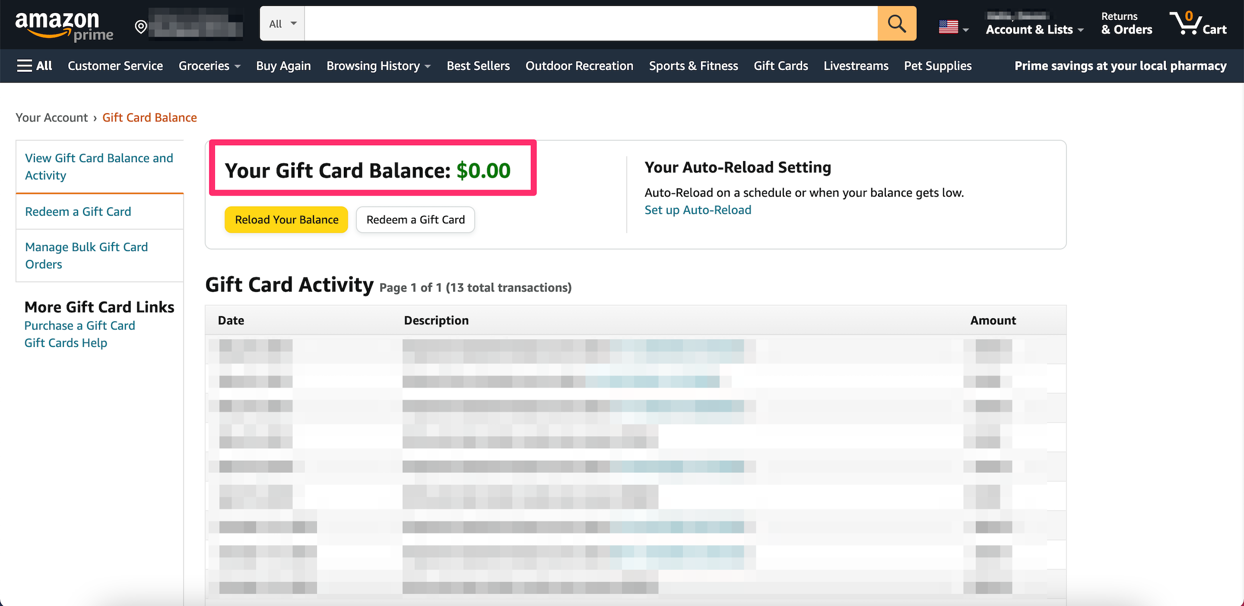 Screenshot showing an Amazon account's gift card balance page