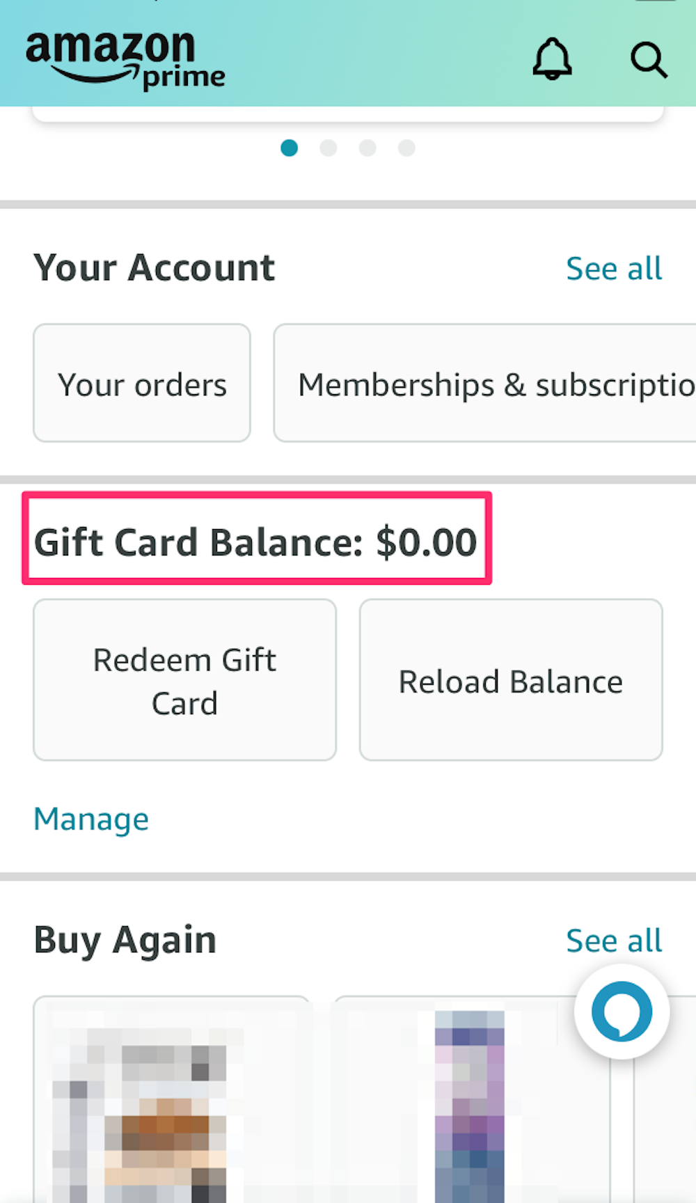Screenshot showing the Gift Card Balance section on the profile page of the Amazon Shopping app