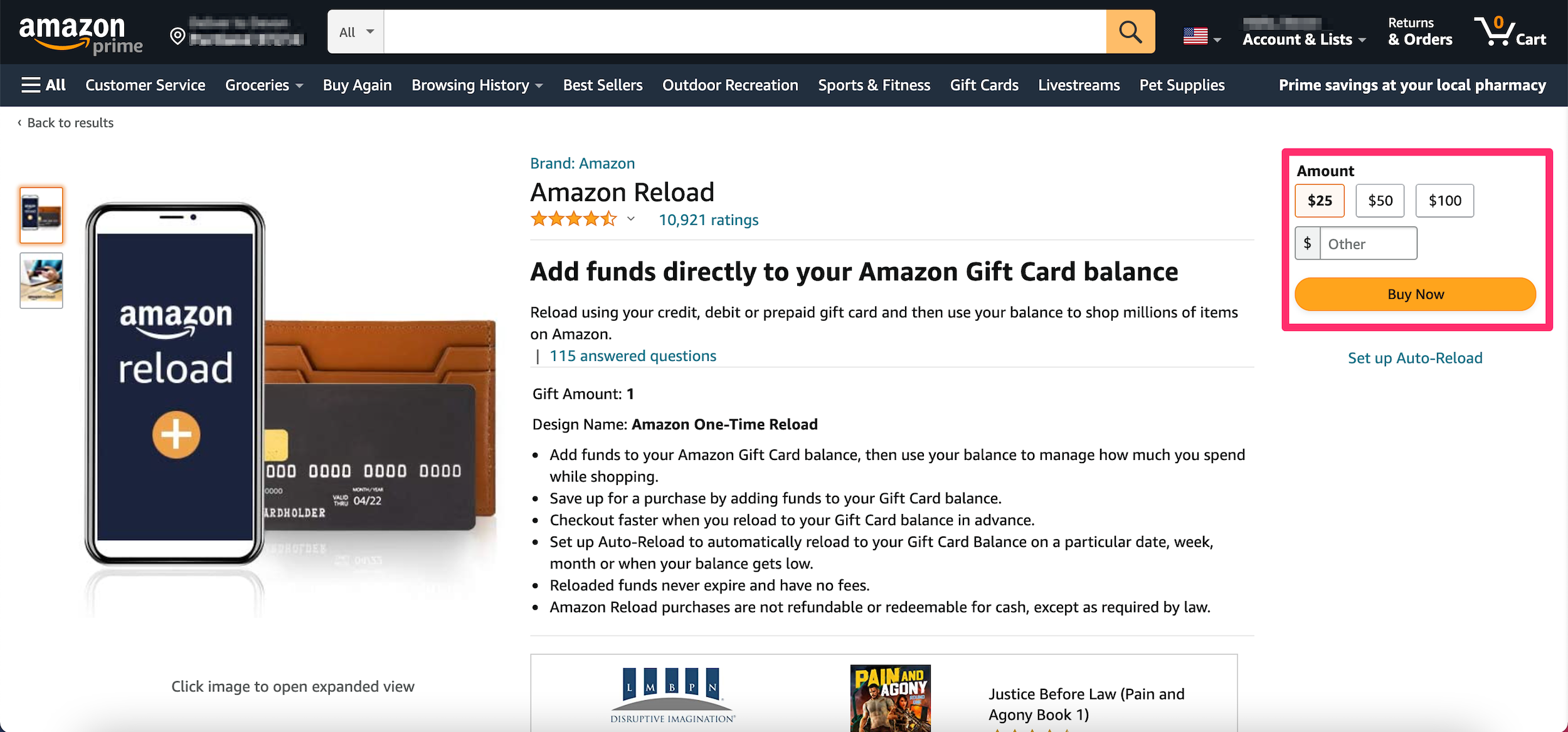 Screenshot showing how to select the amount to add to your gift card balance on the Amazon site