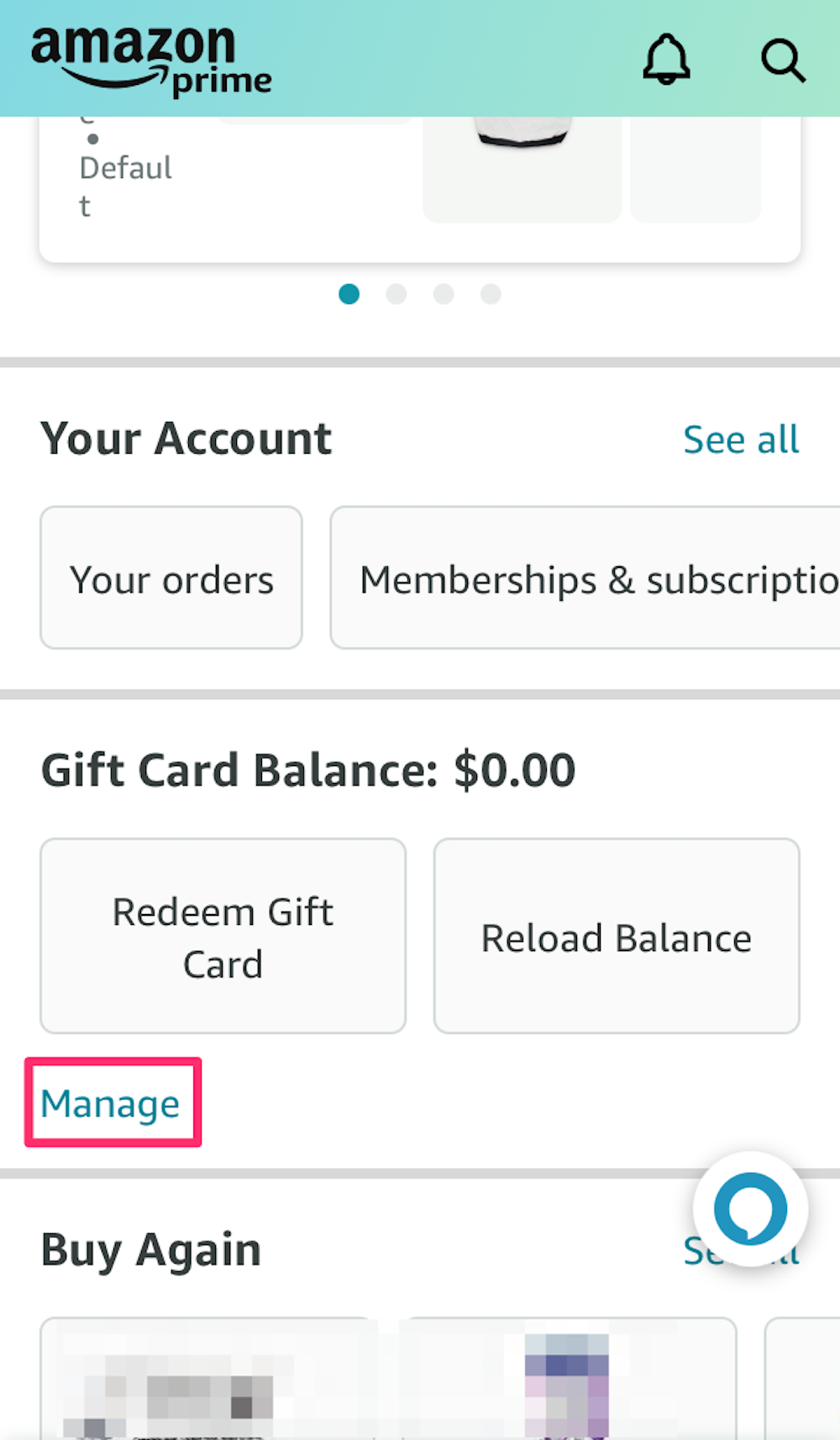 Screenshot showing the Gift Card Balance section on Amazon Shopping app